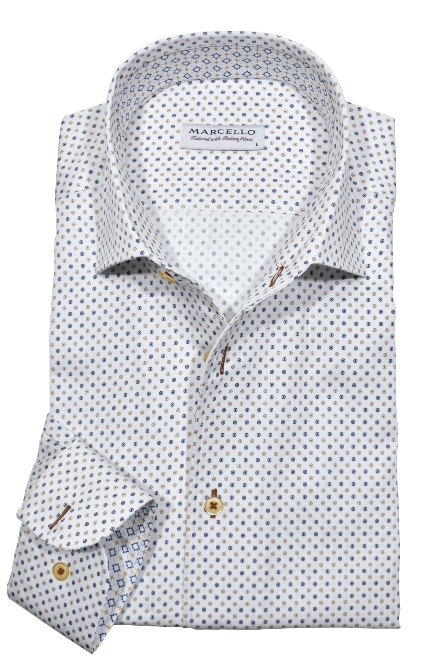 Elevate your style with our Marcello Island Neat Roll Collar Shirt. This classic white shirt boasts a unique circular pattern in medium tan and navy accents, adding a touch of sophistication to your wardrobe.