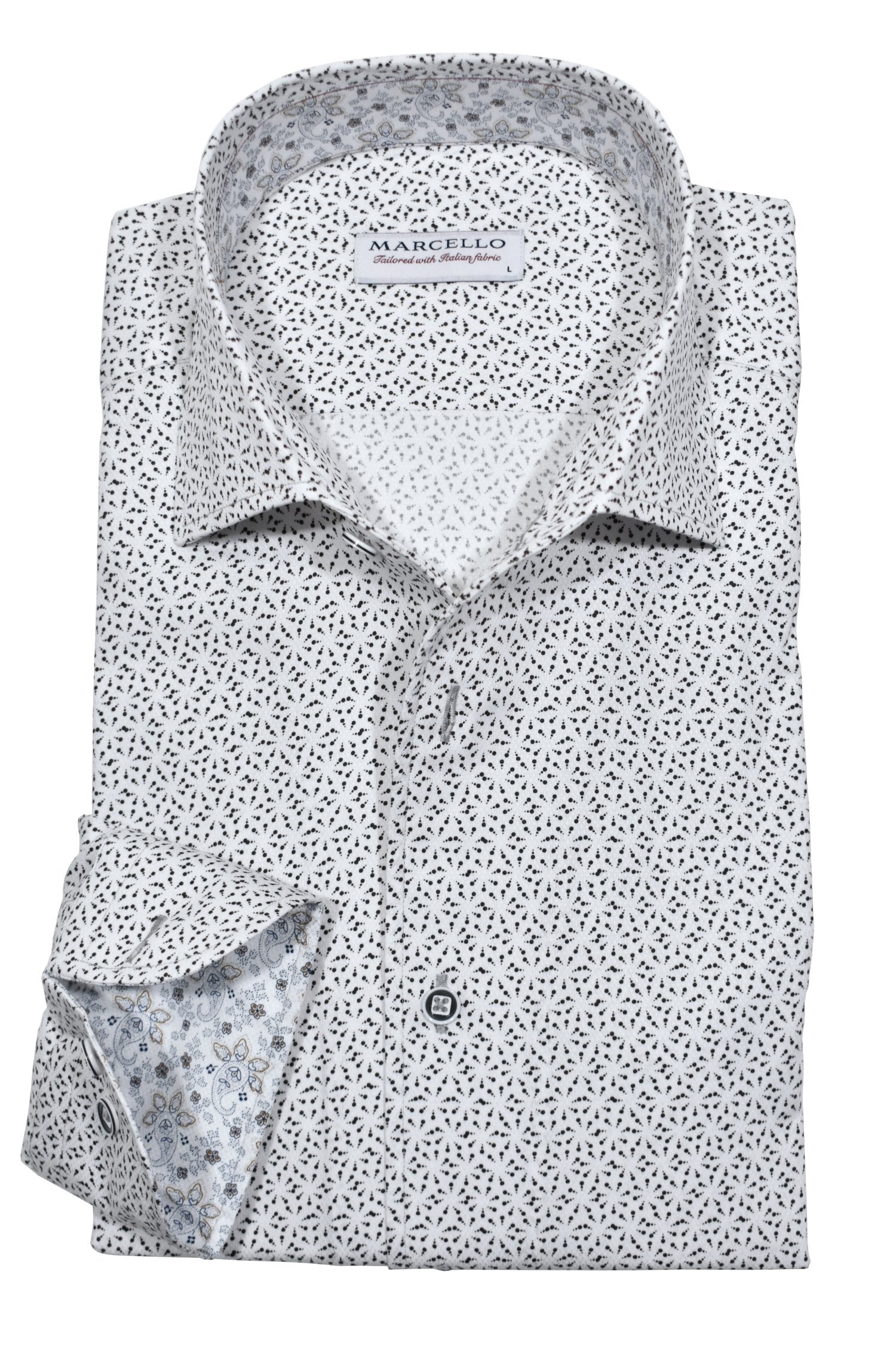 Made from crisp white cotton with a striking black geometric pattern, this shirt is sure to make a statement. Shirt by Marcello.