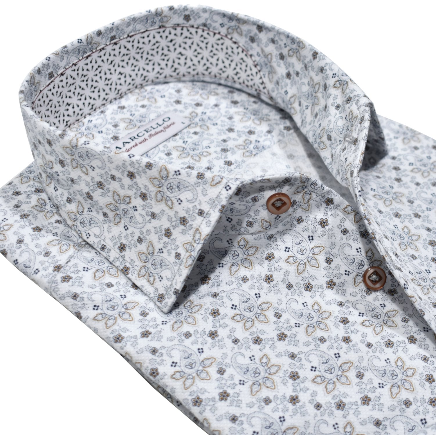 The Marcello Slate Paisley Roll Collar is contemporary and cool with its open paisley pattern in soft slate and mocha accent colors.