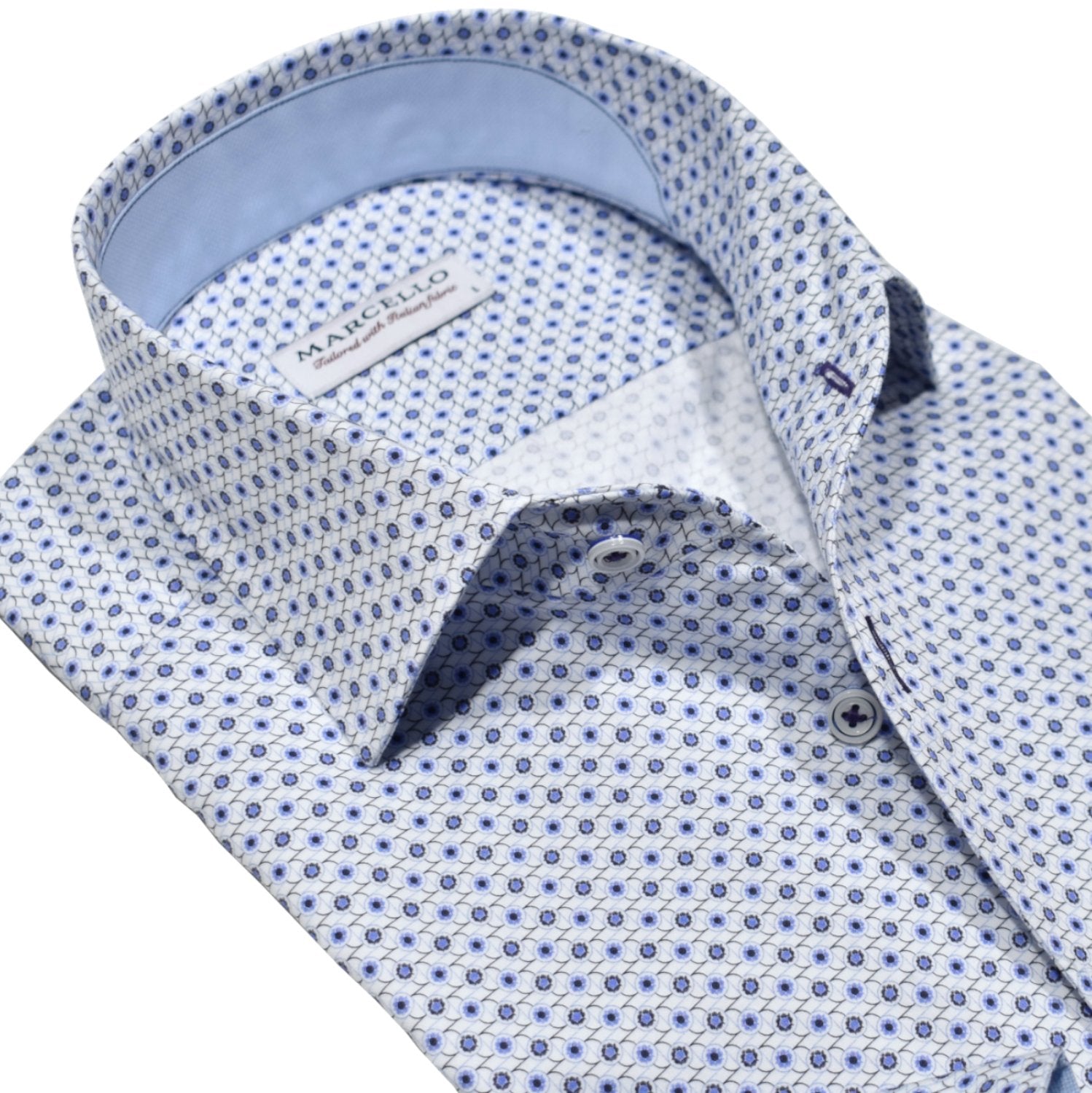 Look sharp and stay cool in our Marcello Linked Medallion Roll Collar Shirt. 