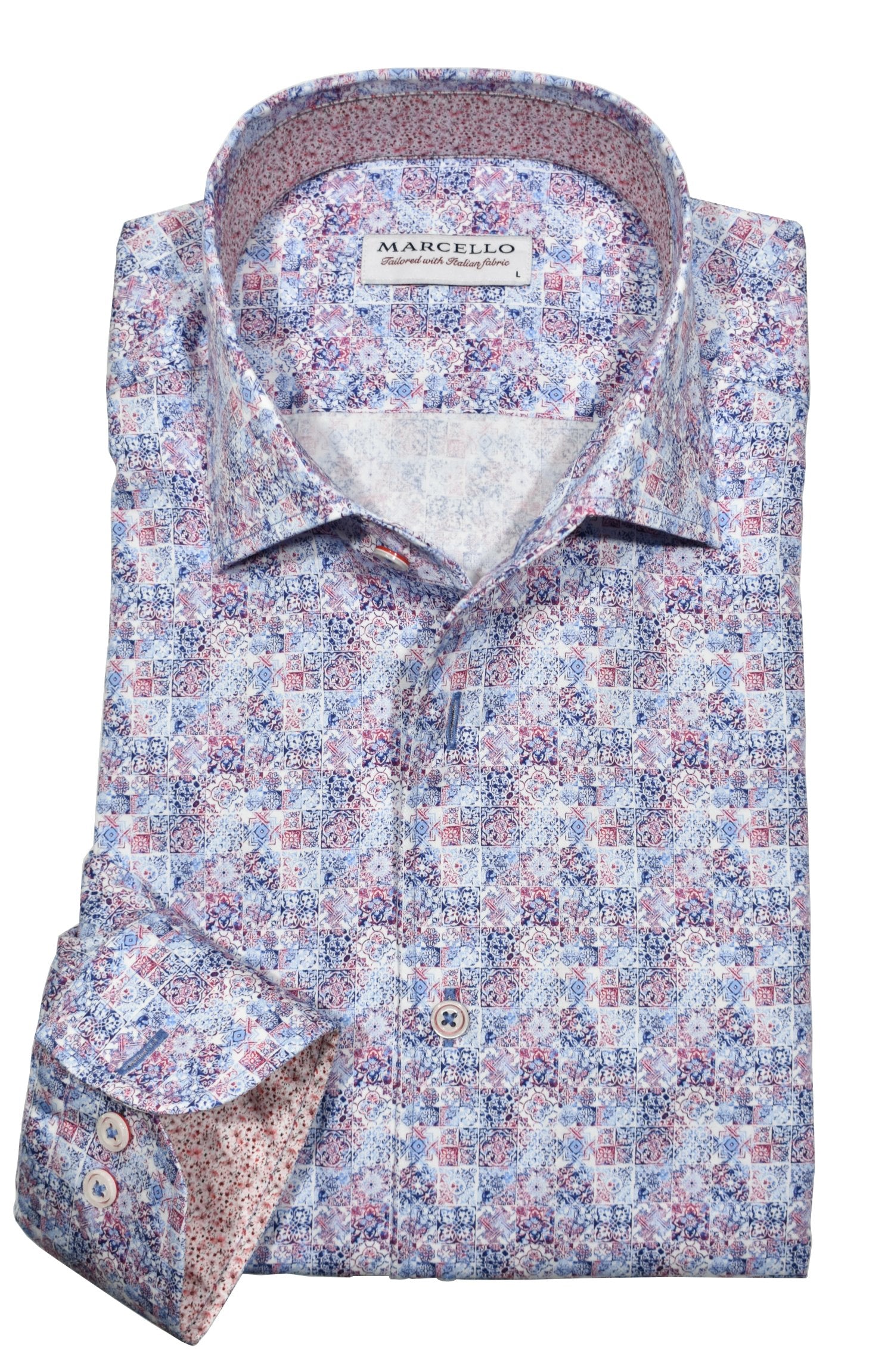 Experience ultimate comfort and style with the Marcello Spirit Madras Sport Shirt. Our exclusive one piece roll collar is designed for superior performance, while the soft cotton sateen fabric keeps you feeling cool and comfortable. The smart madras pattern adds a touch of sophistication, complete with custom buttons and trim fabric.