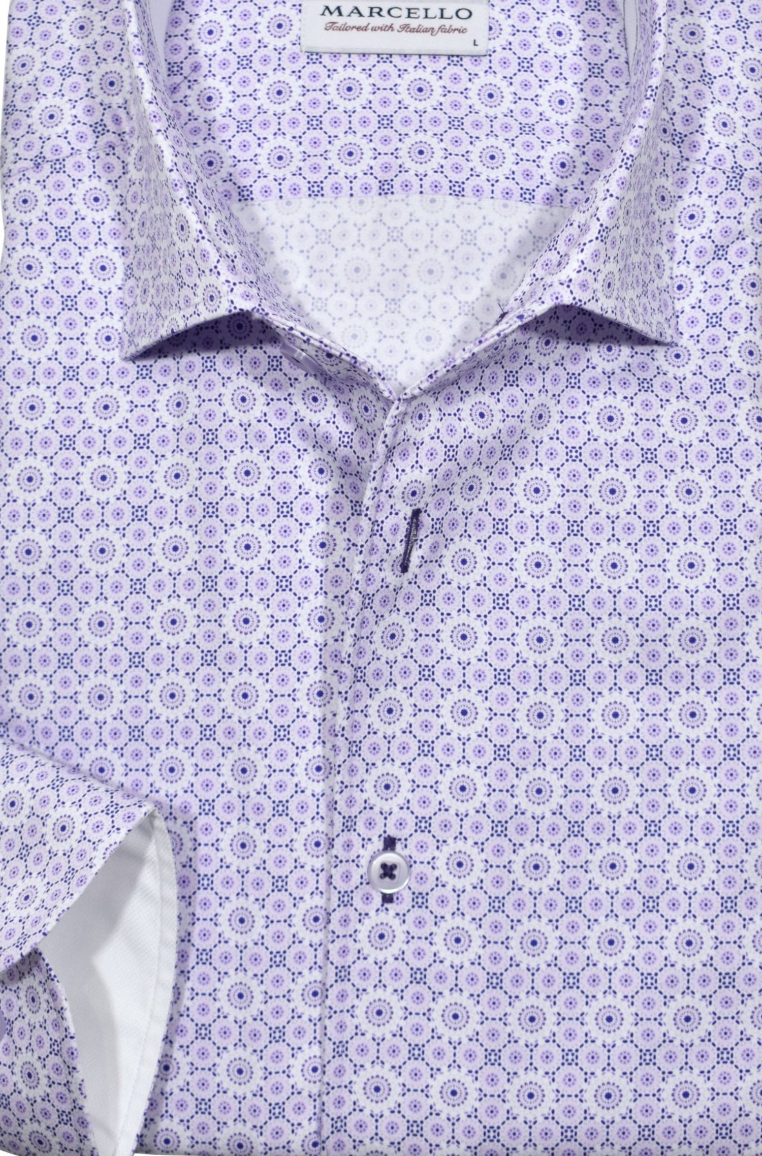 Elevate your wardrobe with our Marcello Lilac Medallion Roll Collar.