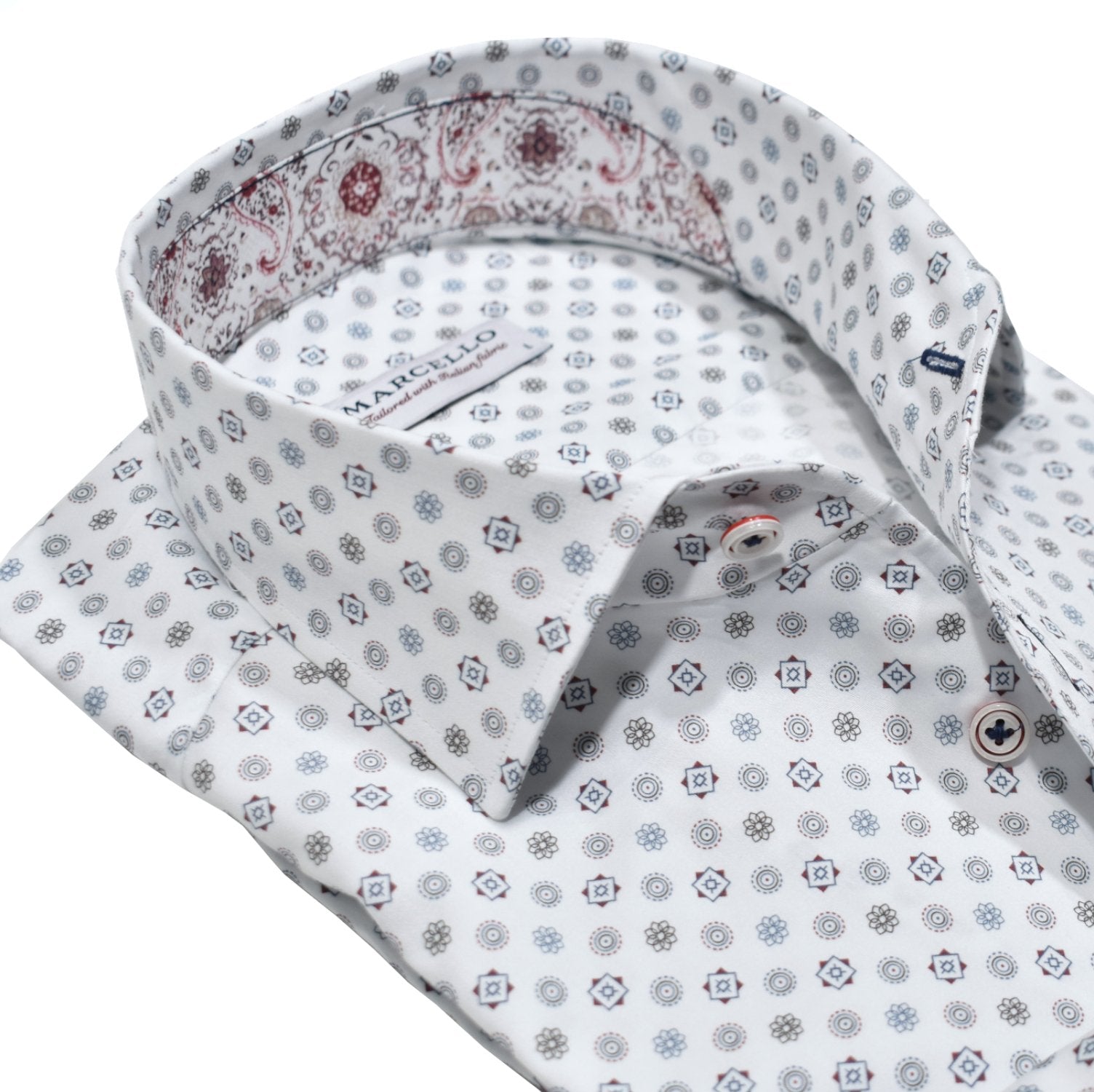 Marcello exclusive one piece roll collar on soft cotton with a multi medallion pattern.