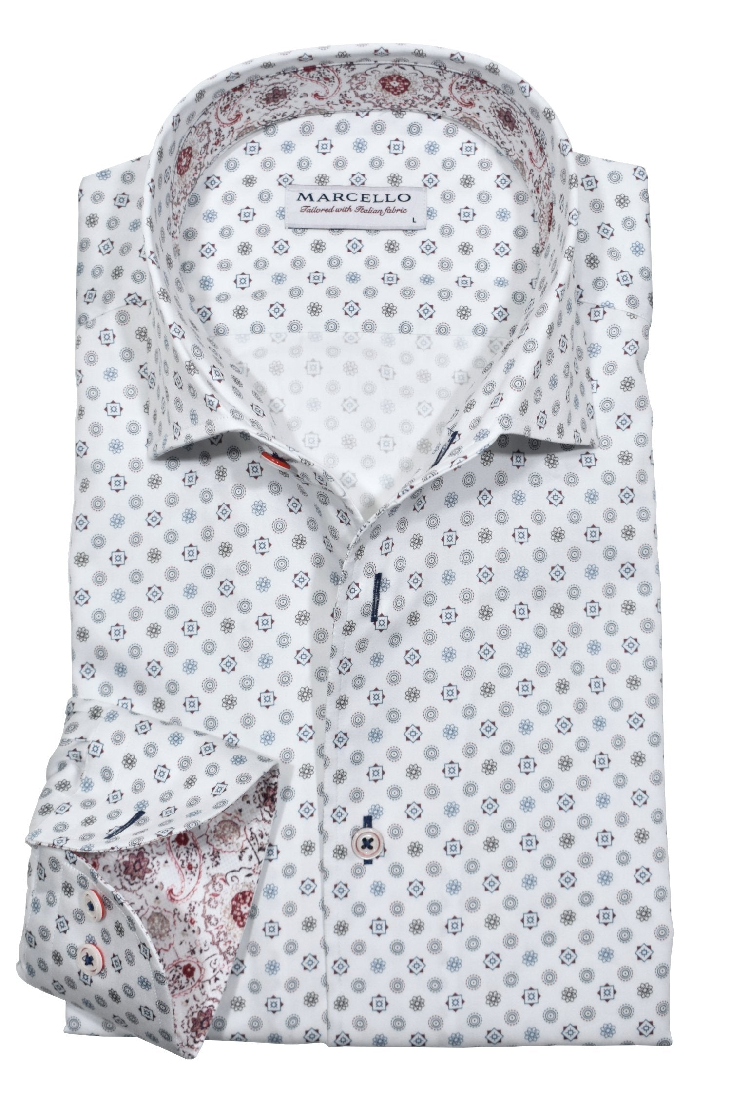 Marcello exclusive one piece roll collar on soft cotton with a multi medallion pattern.