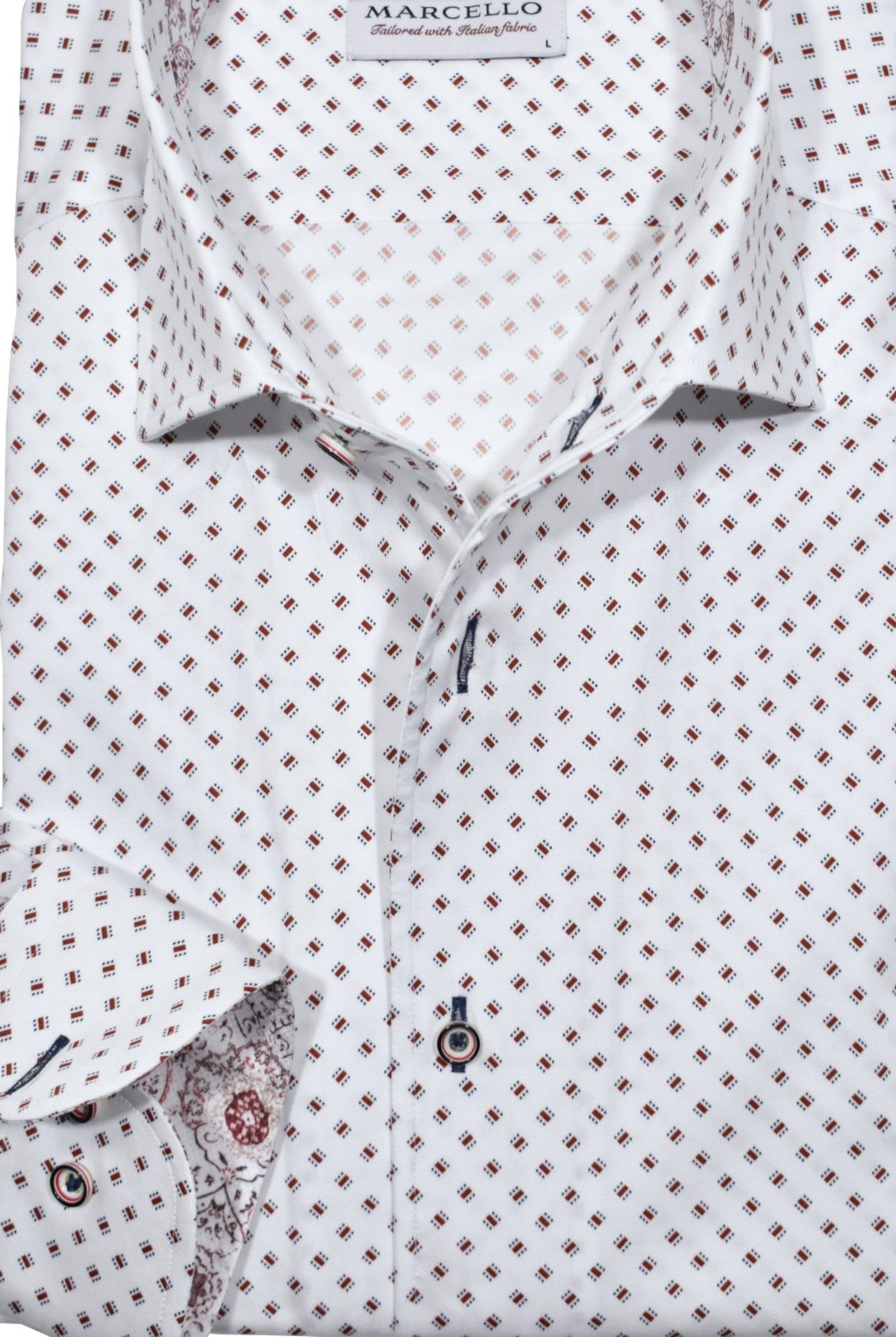 Experience the luxurious feel of crisp white cotton sateen with a stunning abstract red emblem pattern