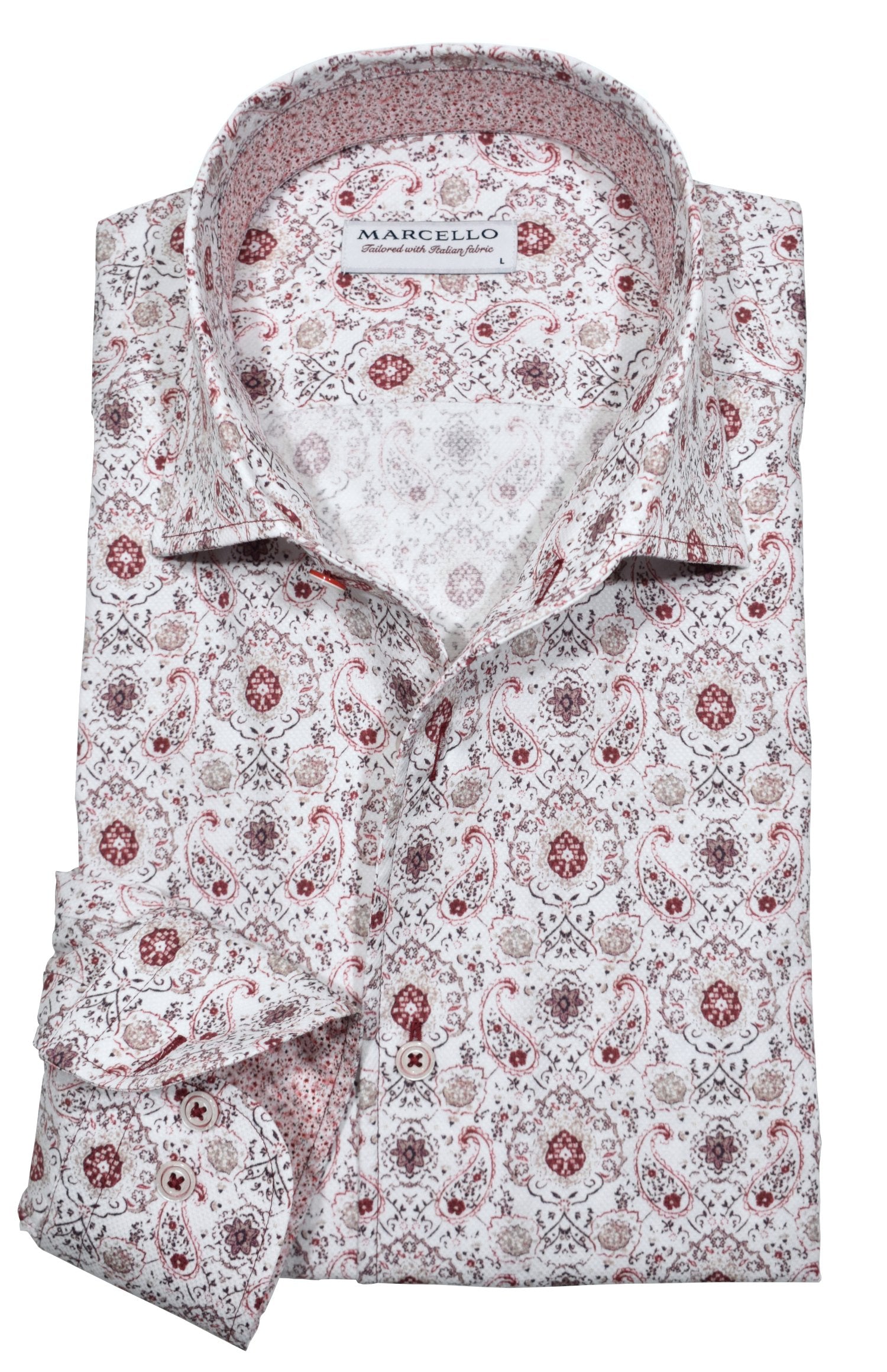 Marcello exclusive one piece roll collar with a fashion paisley pattern in wine colors all on a soft cotton fabric.