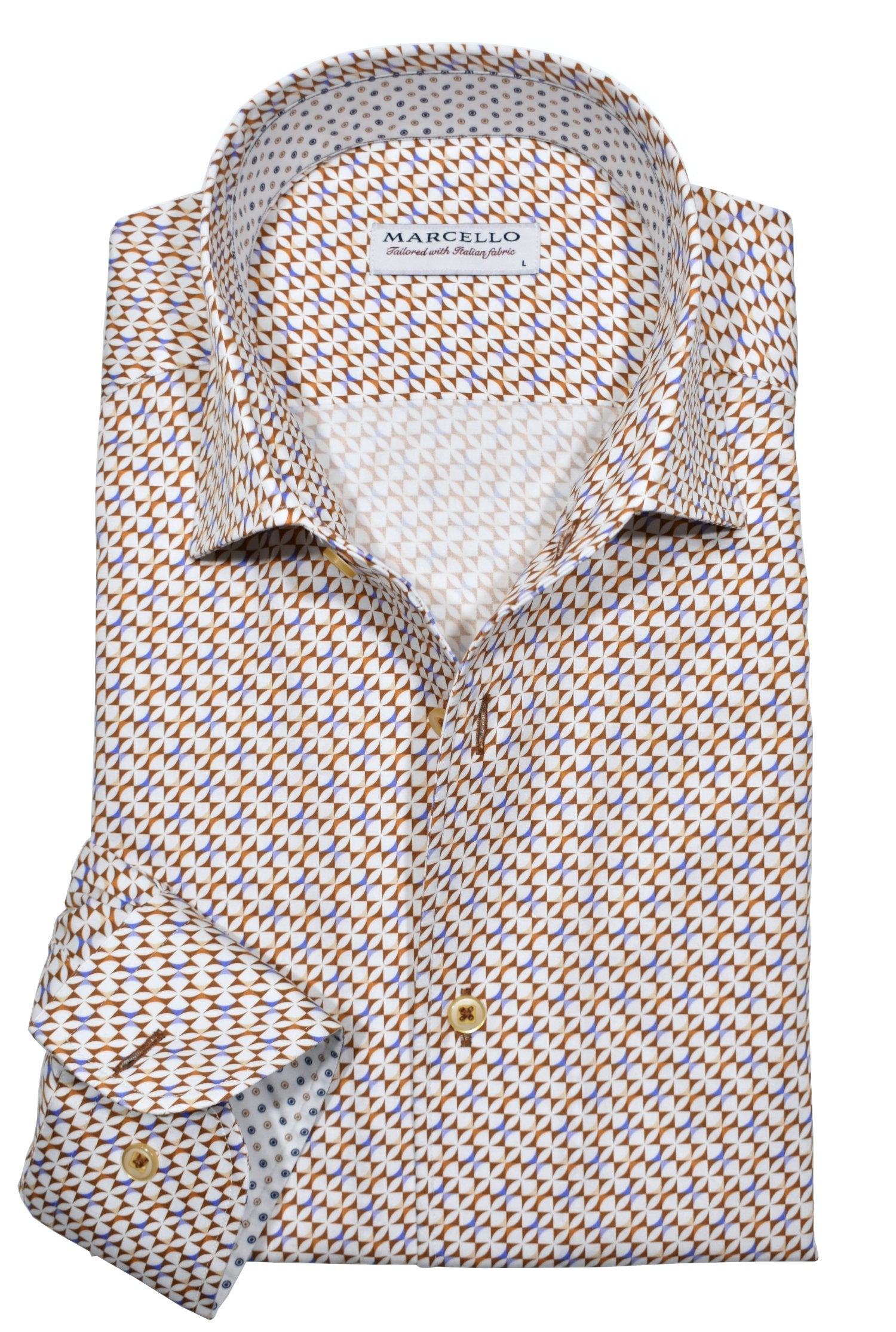 Indulge in luxury with the Marcello Copper Clover shirt. Made with rich cotton sateen fabric, it features Marcello's one piece roll collar for a perfect fit.