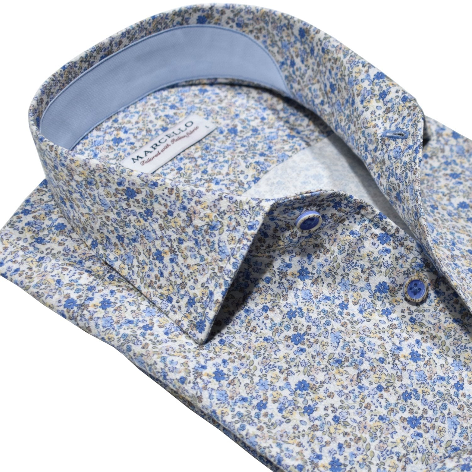 Marcello exclusive one piece roll collar with a cool mini floral print on cotton fabric.