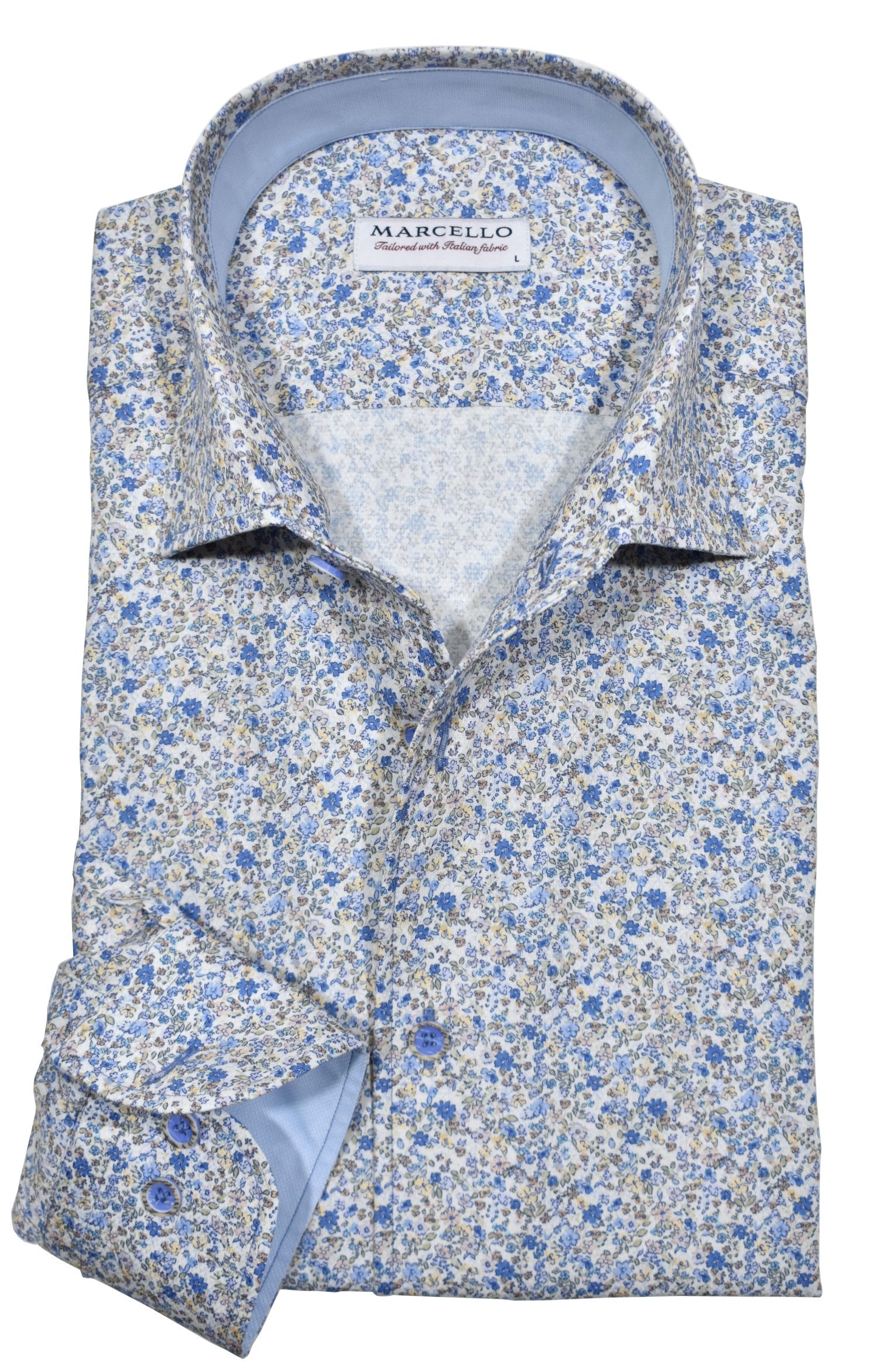 Marcello exclusive one piece roll collar with a cool mini floral print on cotton fabric.