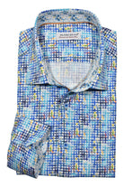 This cool vibrant shirt features soft cotton sateen fabric in a classic check pattern that is brush stroked in rich navy, marine and aqua colors. Shirt by Marcello.