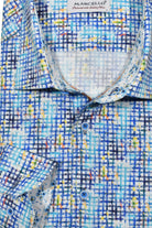 This cool vibrant shirt features soft cotton sateen fabric in a classic check pattern that is brush stroked in rich navy, marine and aqua colors. Shirt by Marcello