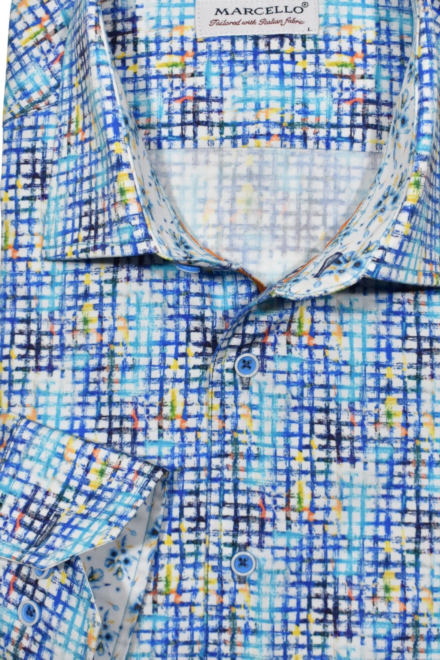 This cool vibrant shirt features soft cotton sateen fabric in a classic check pattern that is brush stroked in rich navy, marine and aqua colors. Shirt by Marcello