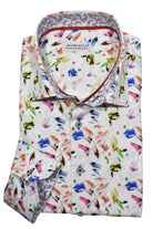 Uniquely patterned brush strokes in random colors adorn this beautiful cotton sateen fabric shirt. Shirt by Marcello.