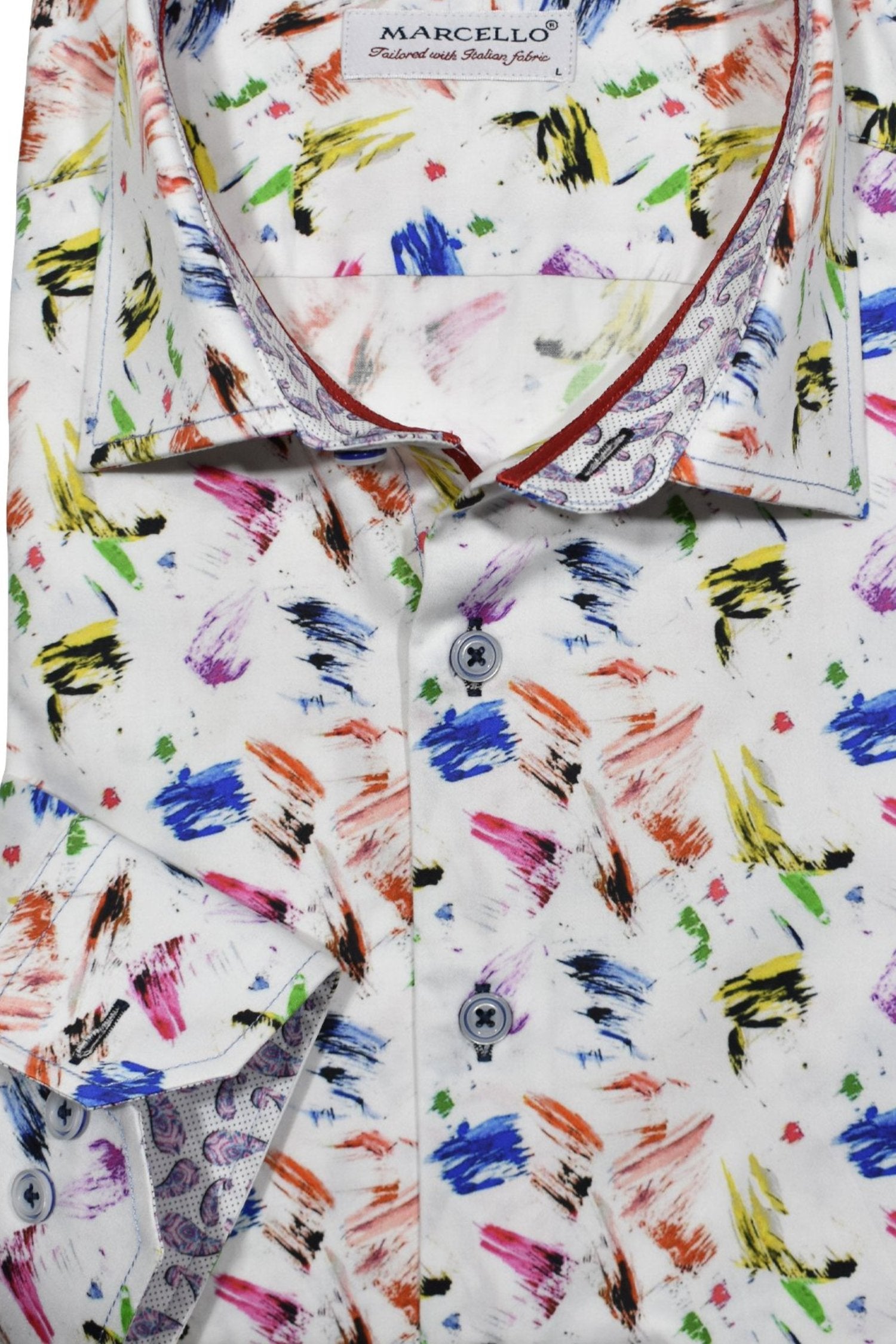 Uniquely patterned brush strokes in random colors adorn this beautiful cotton sateen fabric shirt. Shirt by Marcello