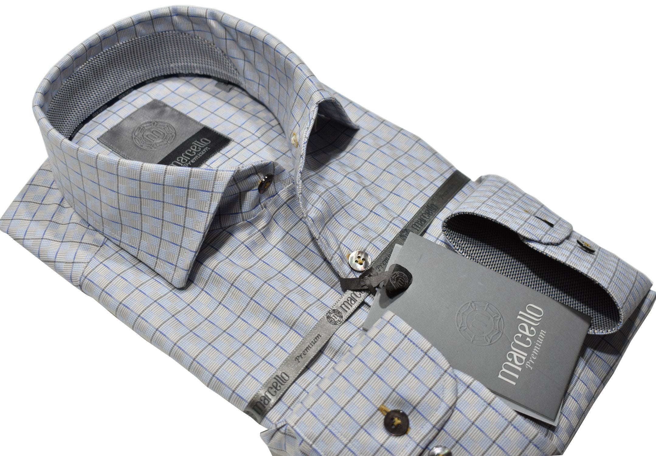 Elevate your wardrobe with the Marcello Premium Jacquard Windowpane Tag shirt. Crafted from extra fine fabrics sourced from fine Italian mills, our Marcello Premium program offers 100's 2 ply shirts in rich classic patterns. With the Marcello exclusive one piece roll collar, you'll feel confident and stylish in any setting.