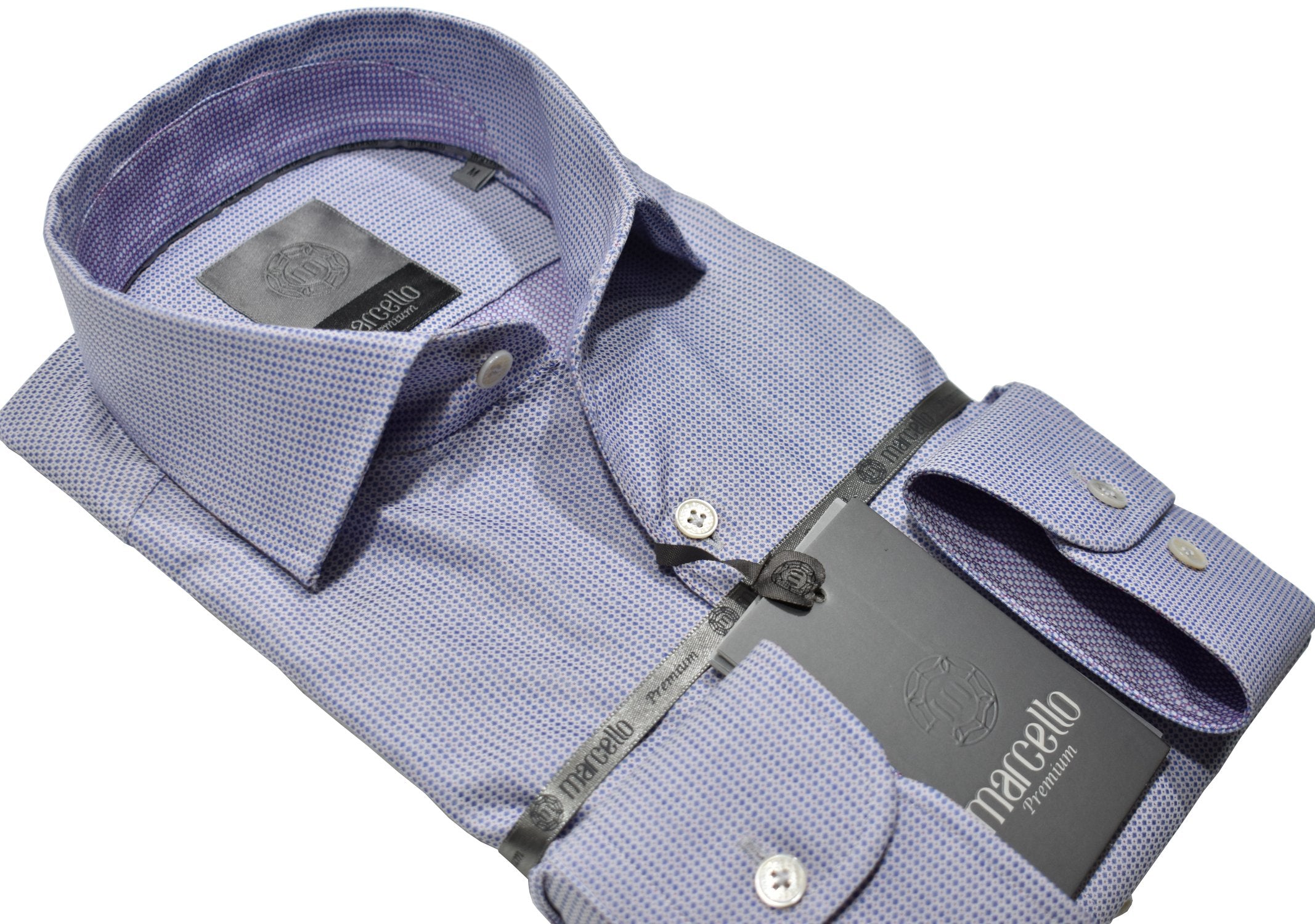 Elevate your wardrobe with the Marcello Premium Lilac Medallion shirt. Crafted from extra fine fabrics sourced from fine Italian mills, our Marcello Premium program offers 100's 2 ply shirts in rich classic patterns. With the Marcello exclusive one piece roll collar, you'll feel confident and stylish in any setting.