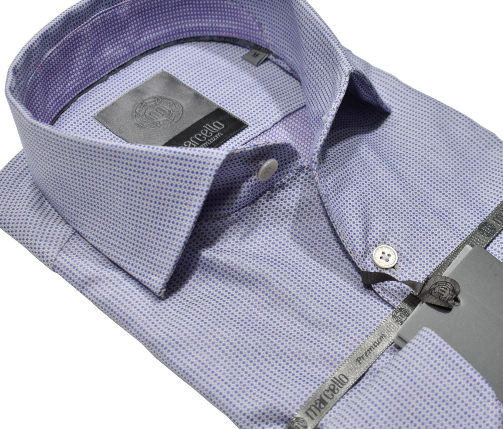 Elevate your wardrobe with the Marcello Premium Lilac Medallion shirt. Crafted from extra fine fabrics sourced from fine Italian mills, our Marcello Premium program offers 100's 2 ply shirts in rich classic patterns. With the Marcello exclusive one piece roll collar, you'll feel confident and stylish in any setting.