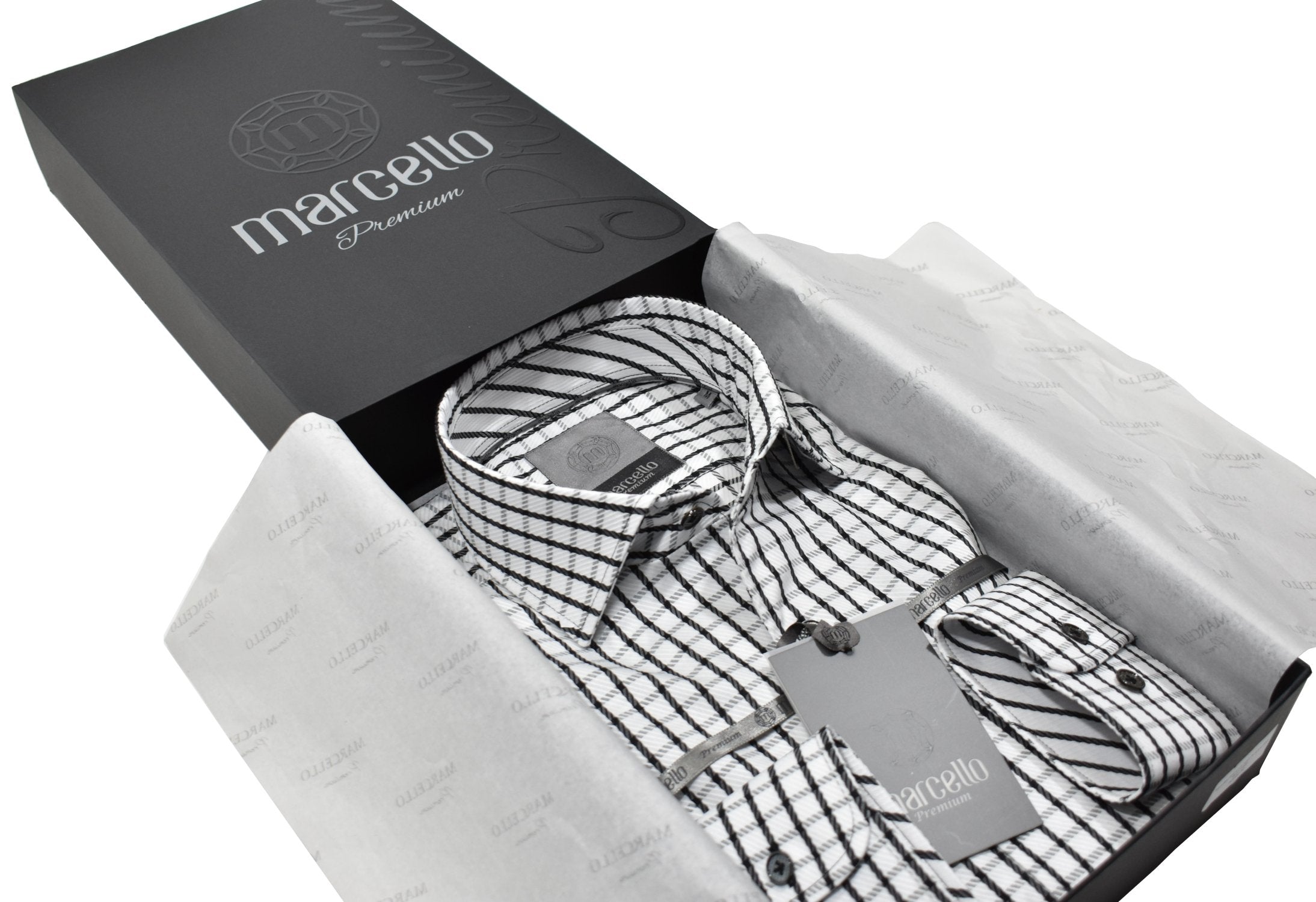 Elevate your wardrobe with the Marcello Premium Verezoni shirt. Crafted from extra fine fabrics sourced from fine Italian mills, our Marcello Premium program offers 100's 2 ply shirts in rich classic patterns. With the Marcello exclusive one piece roll collar, you'll feel confident and stylish in any setting.