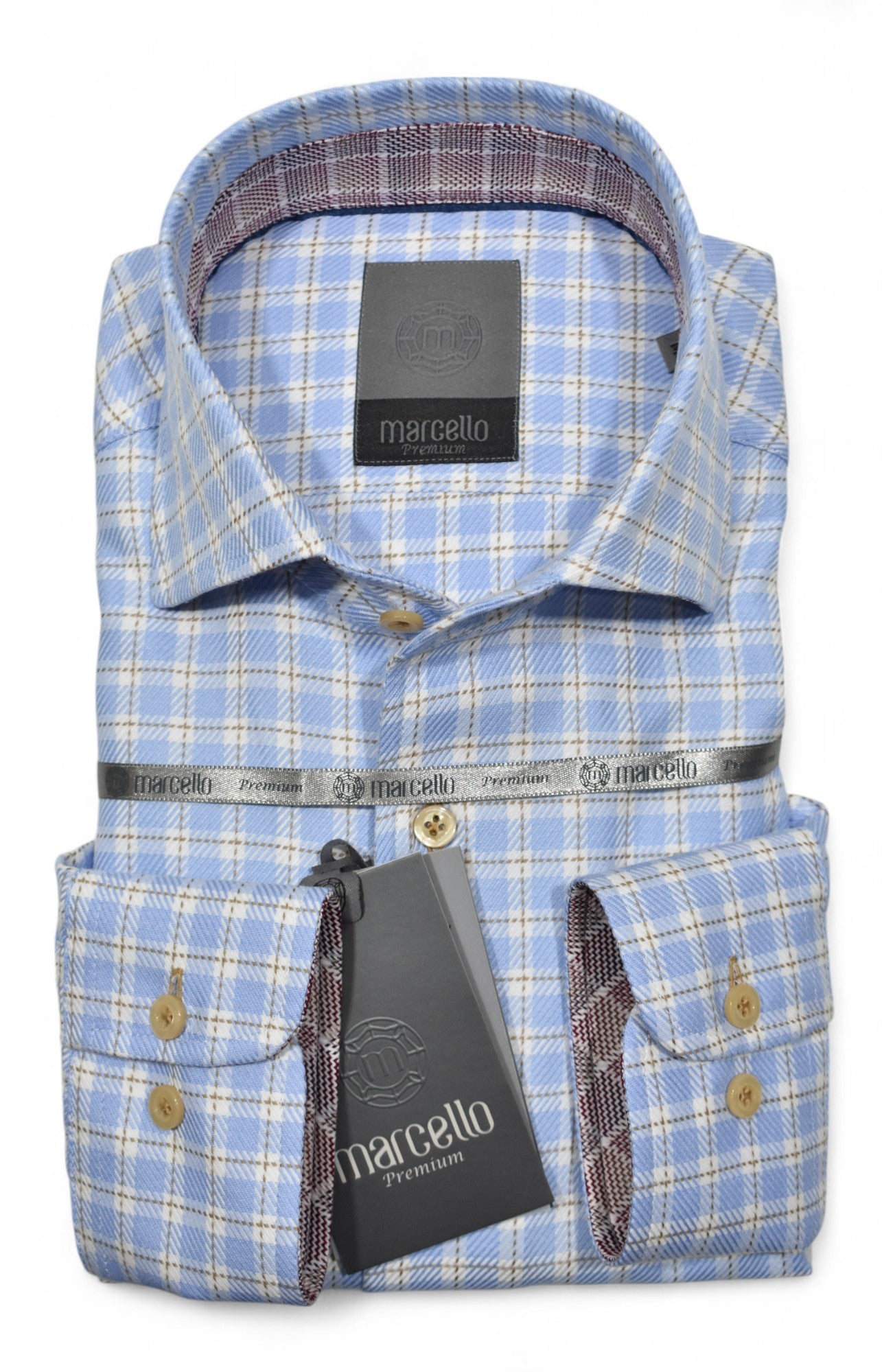 Upgrade your wardrobe with the Marcello WP303 Premium Sky Plaid shirt from the exclusive Marcello collection.