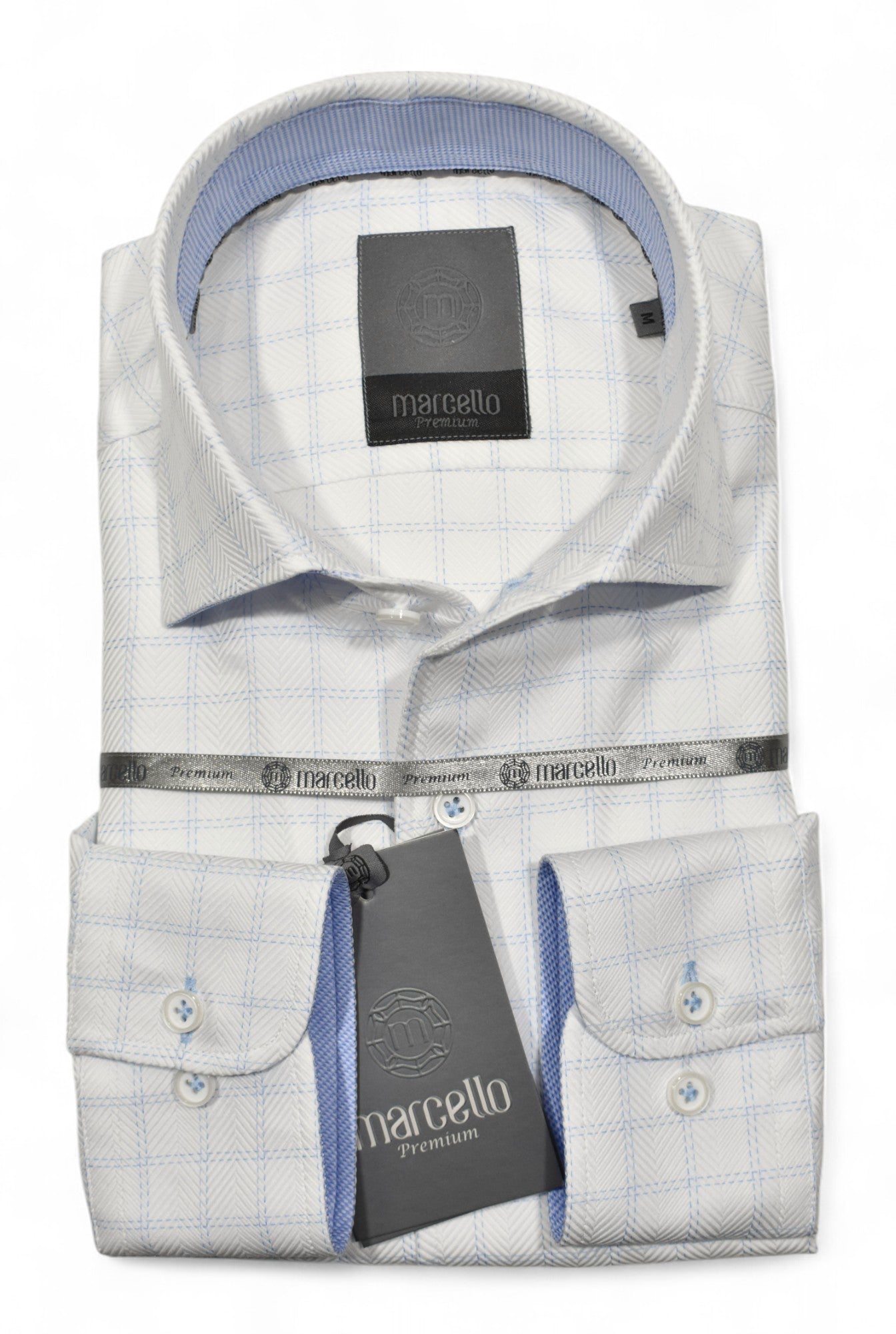 Marcello premium white shirt in a gorgeous herringbone tonal pattern with a touch of blue windowpane