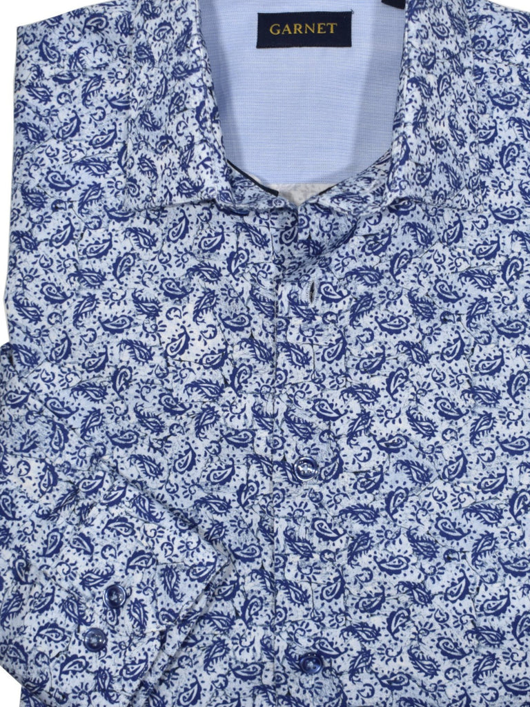 Be the envy of your friends with the Fightin' Paisley sport shirt. Its navy paisleys add a hip vibe to the ultra-soft cotton fabric, and its medium collar and classic shaped fit ensure you look your best! Add this shirt to your wardrobe and become the star of any event. The rich navy colors are perfect to pair with your favorite denims.  Classic shaped fit.