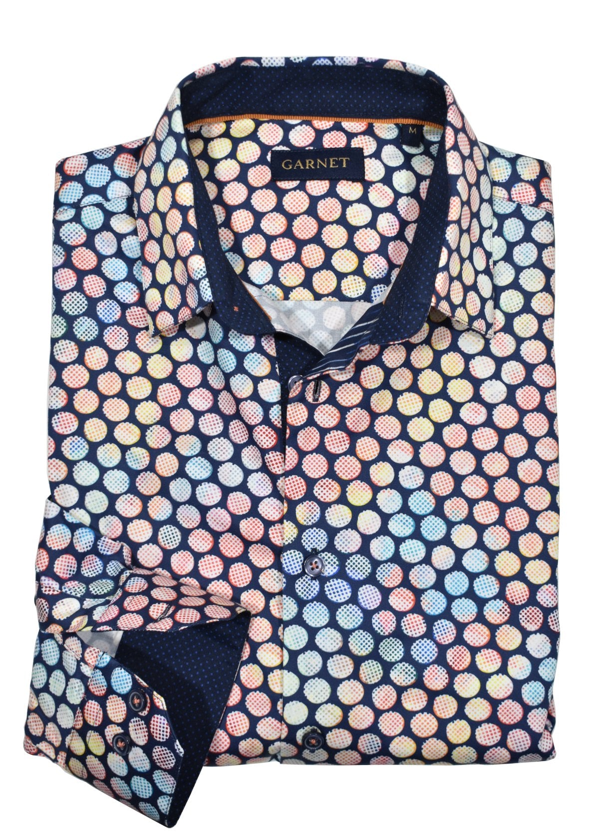 Add style and character to this shirt featuring cotton sateen fabric with an eye-catching circular geometric pattern in vibrant colours. Contrast trim fabrics and taping finish off this stylish piece. By Marcello Sport.