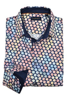 Add style and character to this shirt featuring cotton sateen fabric with an eye-catching circular geometric pattern in vibrant colours. Contrast trim fabrics and taping finish off this stylish piece. By Marcello Sport.