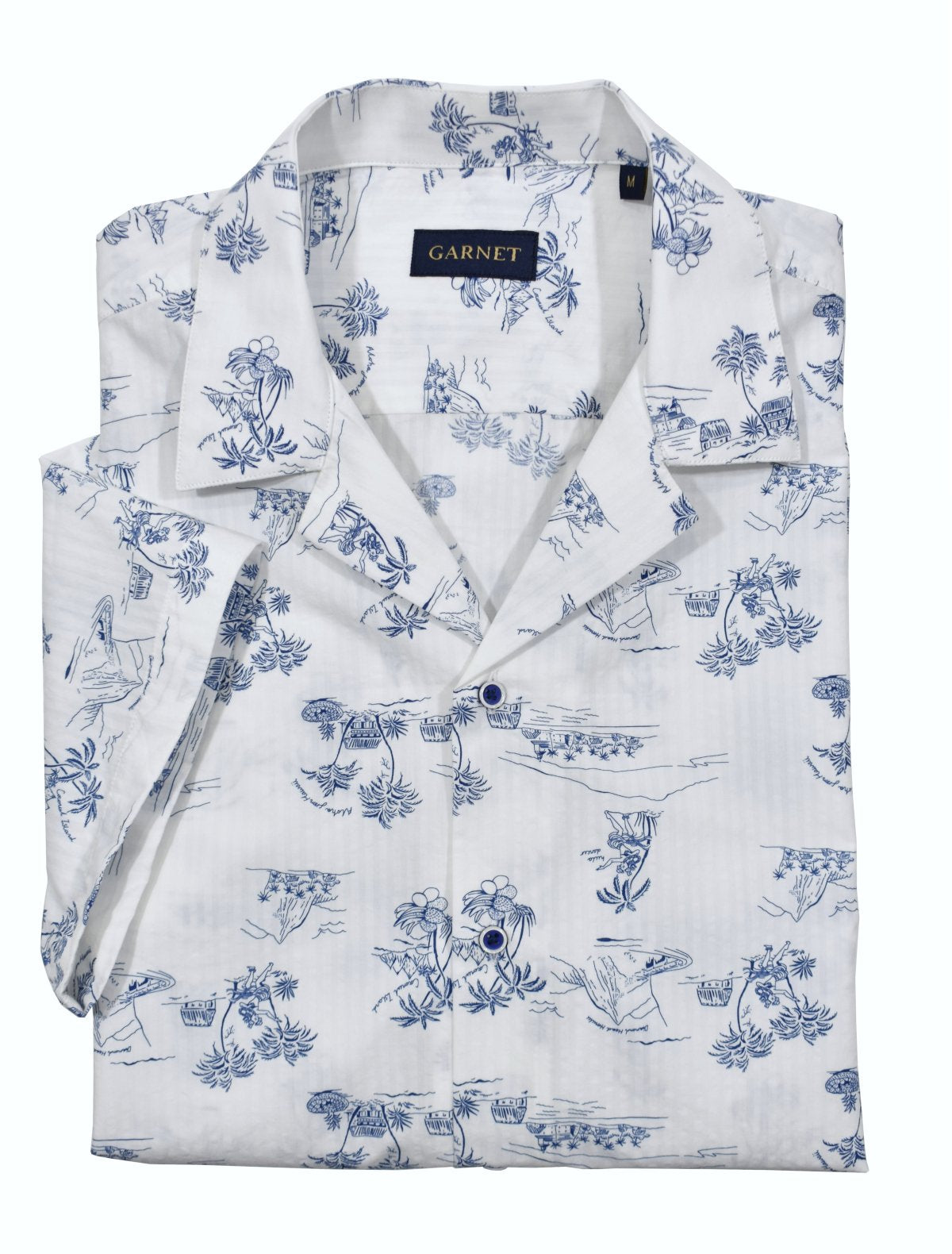 Relax and dream away in a cool casual lifestyle. Made with soft white cotton seersucker fabric and a matching island motif print in warm blue, this shirt brings a cool and comfortable look. Its pajama top collar adds to the relaxed fit, making it perfect for your island getaway.