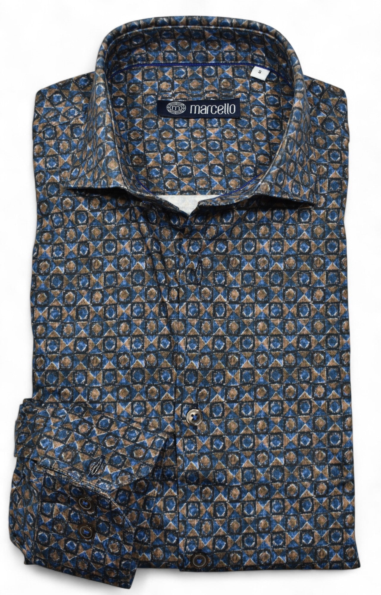 Marcello Mocha Diamond Stretch, where stunning geometric patterns in rich mocha and deep indigo create an eye-catching statement