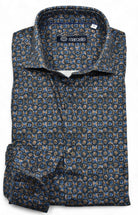 Marcello Mocha Diamond Stretch, where stunning geometric patterns in rich mocha and deep indigo create an eye-catching statement