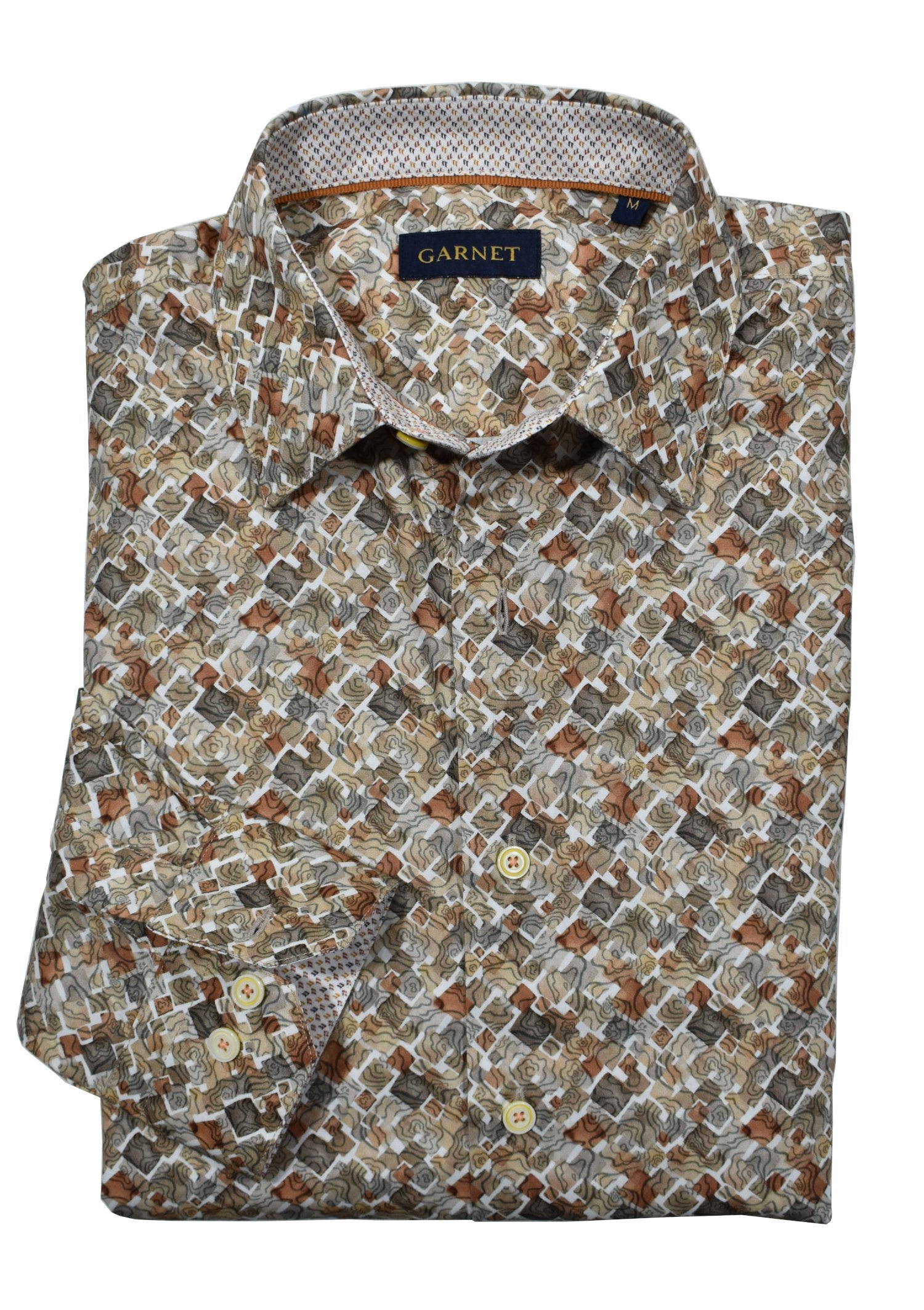 Introducing Marcello's Uniquely Tanned Diamonds - the perfect addition to your wardrobe. Made with luxurious cotton sateen fabric, this top features an abstract print of varying diamonds in shades of tan, mocha and chocolate. Pair it with any bottoms in the tan or brown family for a stylish and versatile look.&nbsp;