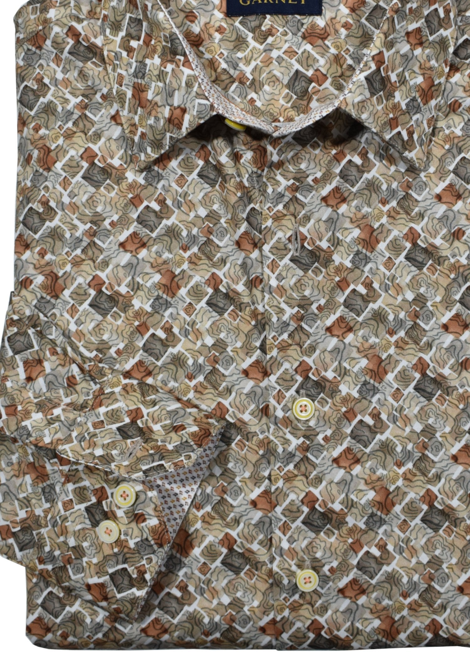 Introducing Marcello's Uniquely Tanned Diamonds - the perfect addition to your wardrobe. Made with luxurious cotton sateen fabric, this top features an abstract print of varying diamonds in shades of tan, mocha and chocolate. Pair it with any bottoms in the tan or brown family for a stylish and versatile look.&nbsp;