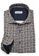 Miranda cross weave shirt in tan, chocolate and blue tones, by Marcello