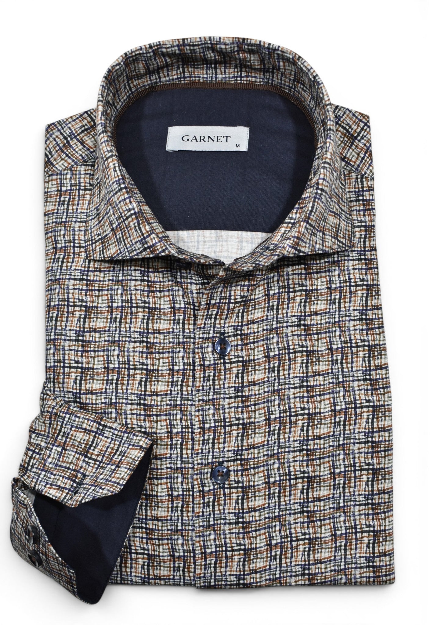 Miranda cross weave shirt in tan, chocolate and blue tones, by Marcello