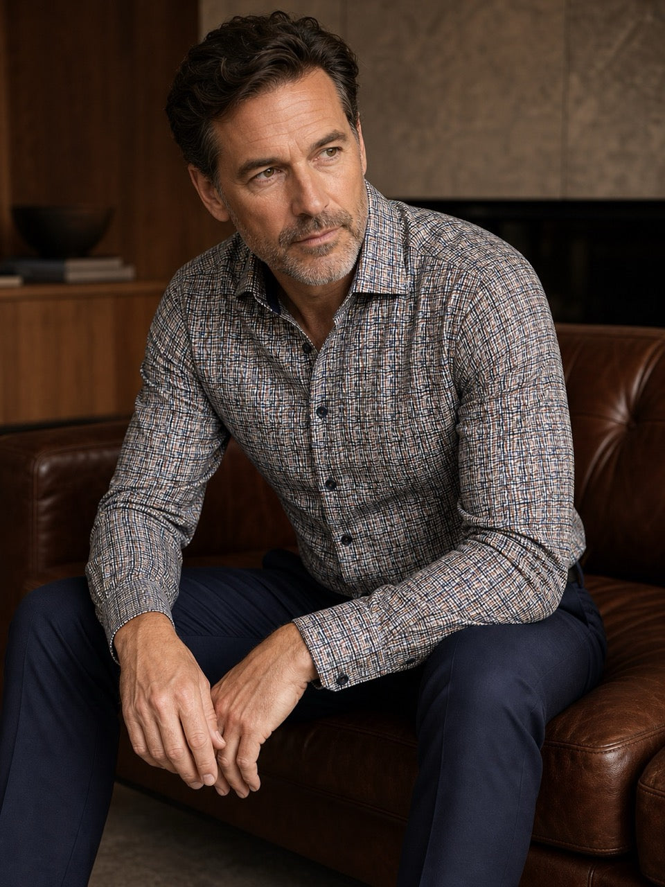 Miranda cross weave shirt in tan, chocolate and blue tones, by Marcello