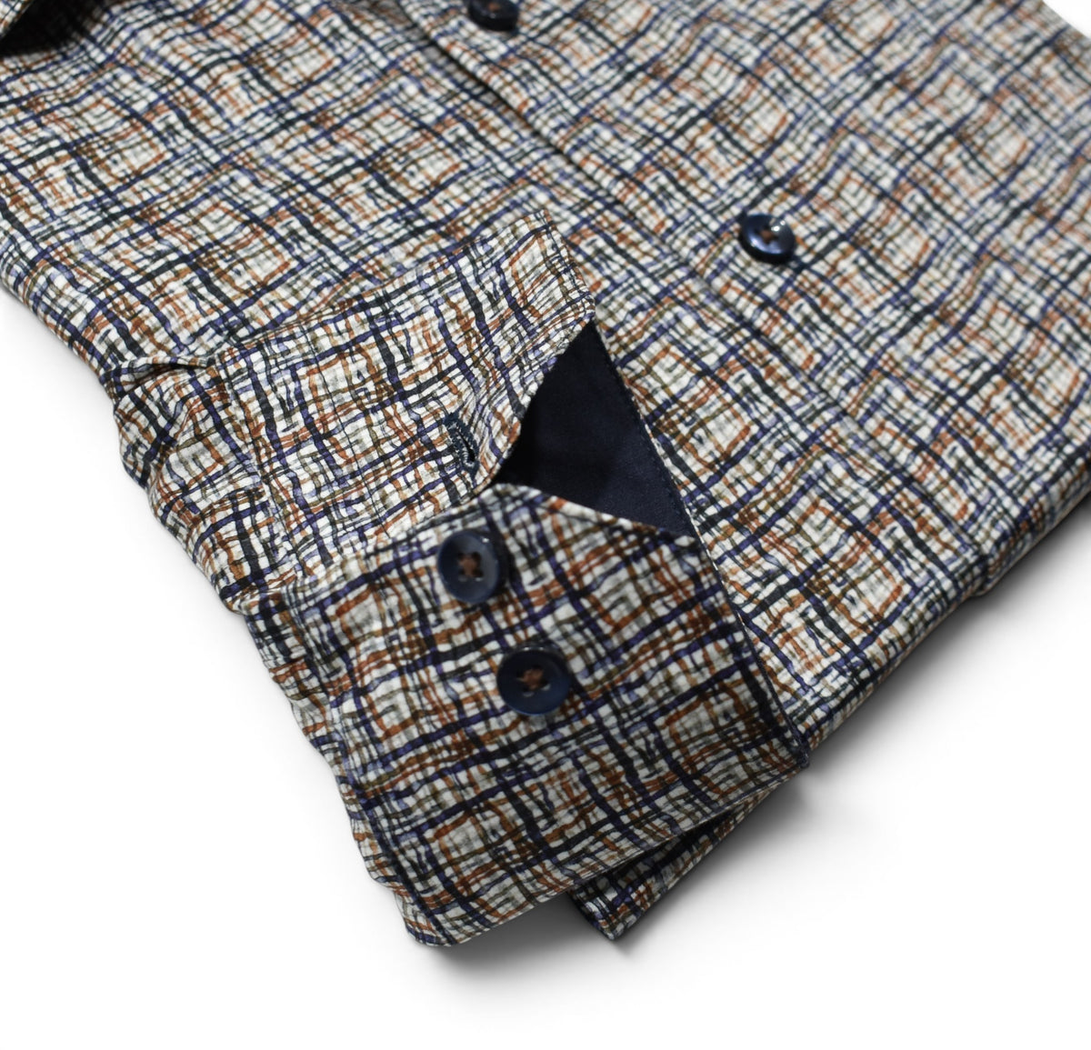 Miranda cross weave shirt in tan, chocolate and blue tones, by Marcello