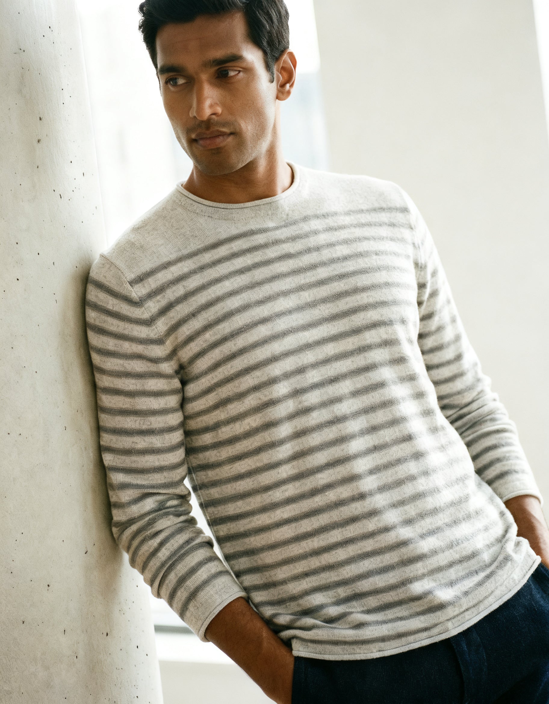 Wool cashmere ivory stripe sweater, by Marcello.
