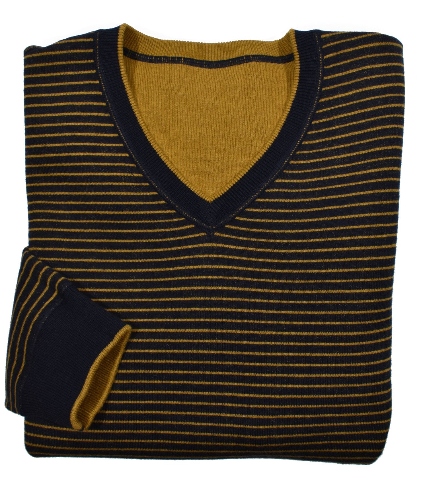 Experience versatility and style with a Cotton Cashmere Reversible sweater. Made with a&nbsp; luxurious cotton and cashmere blend, this v neck sweater features solid color on one side and classic stripes on the reverse. Detailed with welted seam stitching for a modern touch. Stay cool and fashionable in any setting.