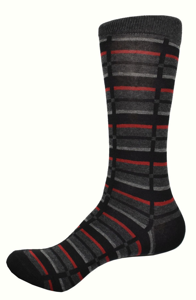 Our ZJ3042 Charcoal Black Geometric socks feature a soft mercerized cotton construction that ensures out-of-this-world comfort, even after long wear! The blend of charcoal, black and a touch of wine colors give them a unique style that will look great with any outfit. These mid-calf, one-size-fits-all socks can fit sizes 9-12, making them perfect.