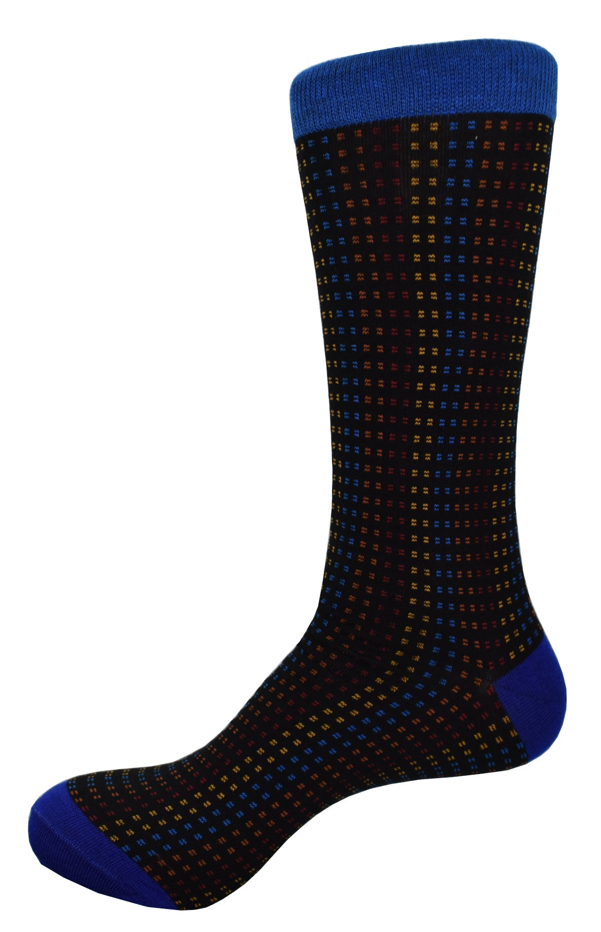 Marcello ZJ340 Royal socks - a classic calf height sock with royal edges and graduated dots in warm Earth tones. Made with soft cotton and a touch of lycra, these socks provide both style and comfort for your everyday wear. Elevate your wardrobe with these must-have socks.