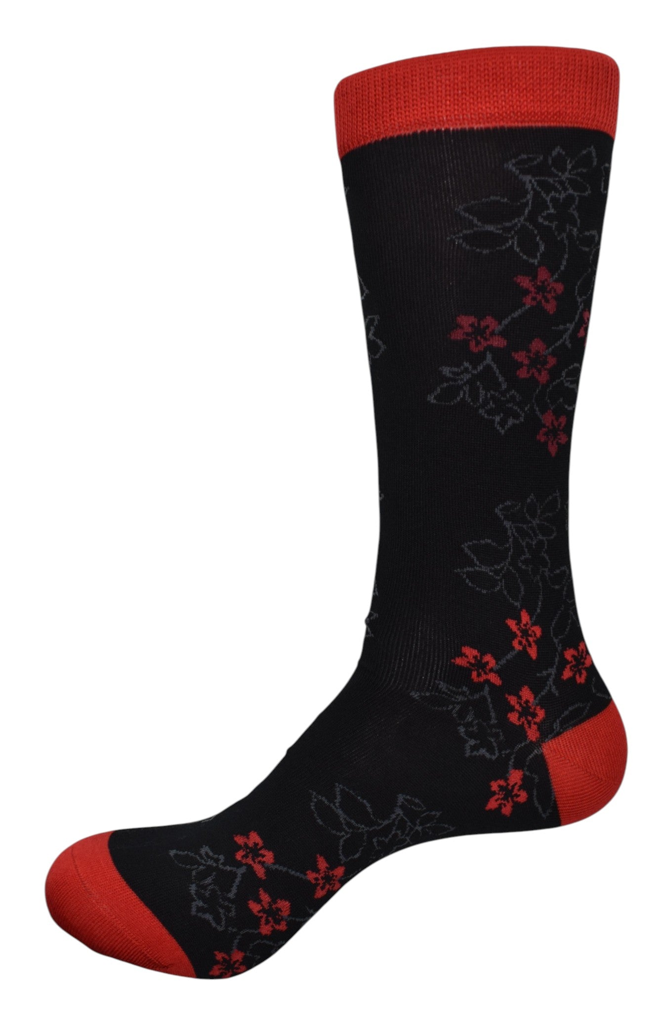 Marcello black socks with red and silver floral pattern.