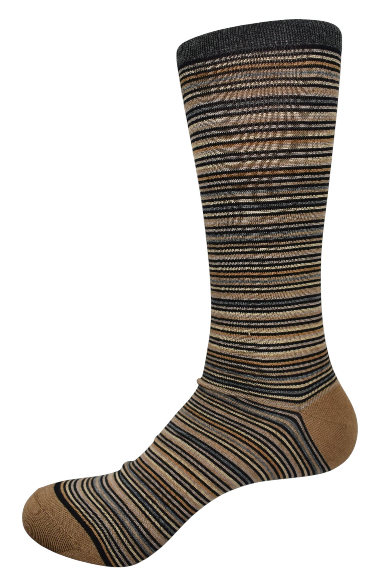 Marcello fine stripe socks in tans and charcoals.