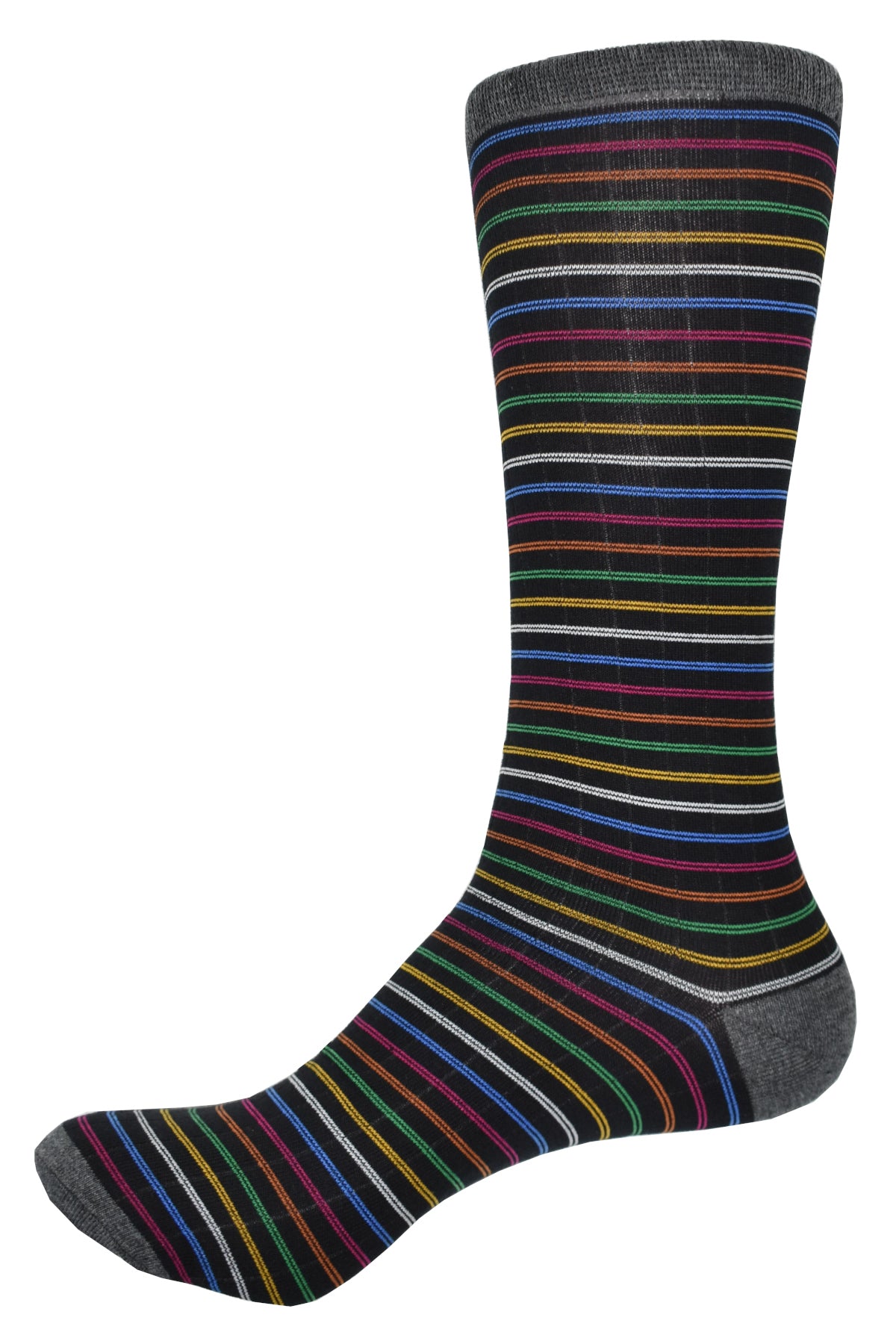 Solid black socks with multiple color fine stripes. Mercerized cotton with lycra for comfort Multi stripes work with any bottoms. Mid calf height. Fits sizes 9-11.