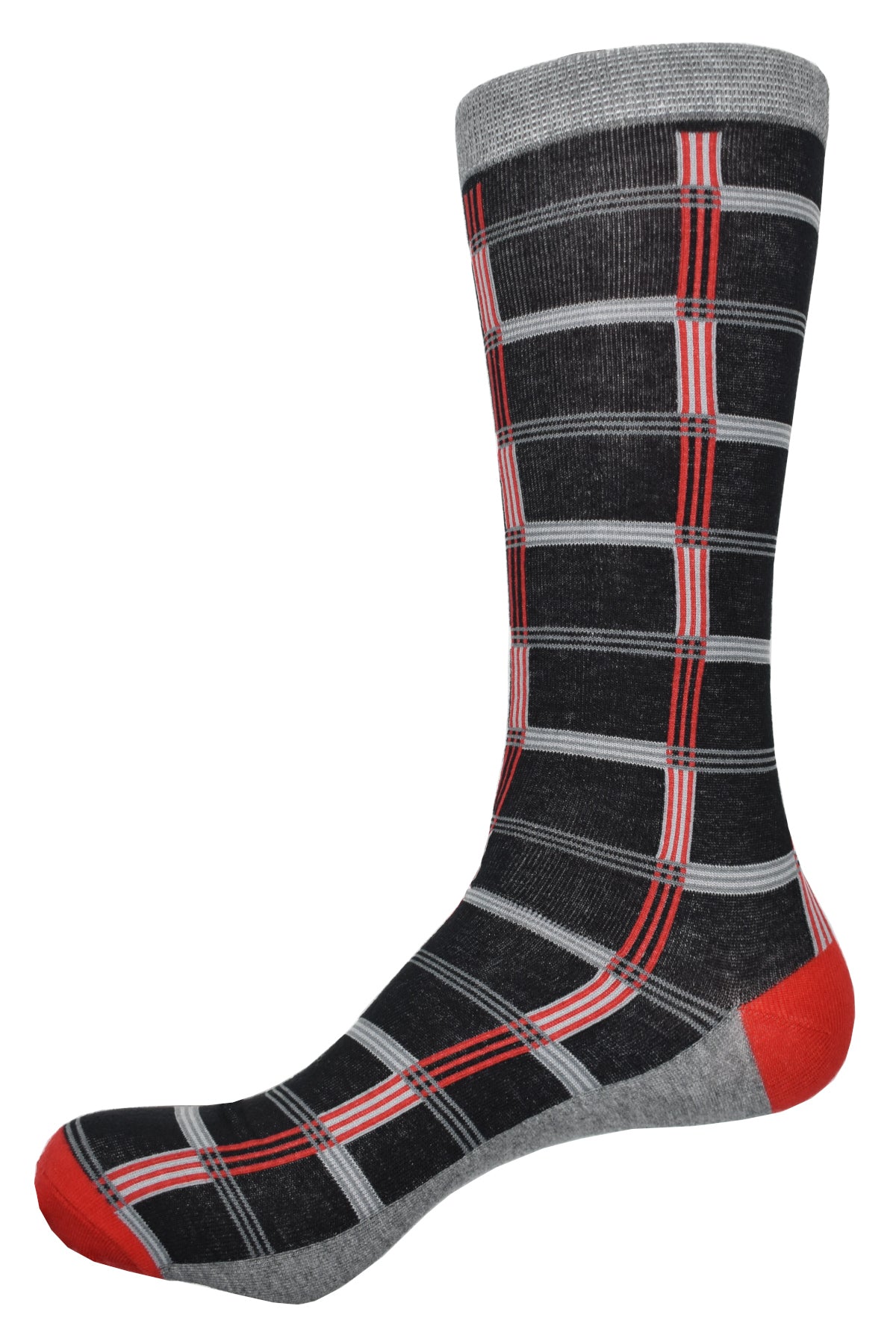 These high-quality ZJ8063 Racetrack Windowpane Socks add a modern twist to your outfit. Crafted from a solid black, mercerized cotton fabric with a bold red and gray windowpane pattern, these socks will elevate any look. Marcello Socks.