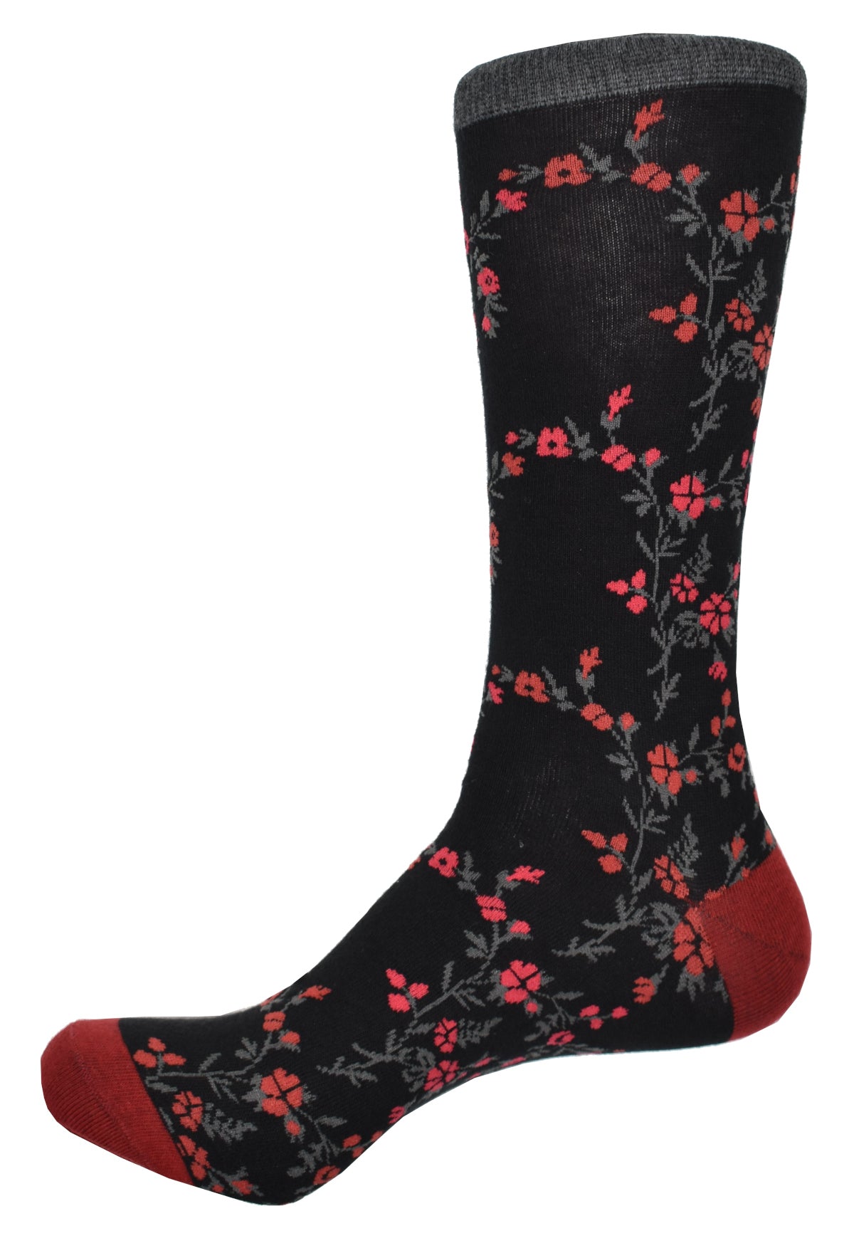 Brighten up your wardrobe with this ZJ8065 Floral Sock. Adorned with a traditional floral pattern, the rich mercerized cotton fabric and sharp black with red color is sure to bring a trendy touch to your ensemble. Marcello Socks.