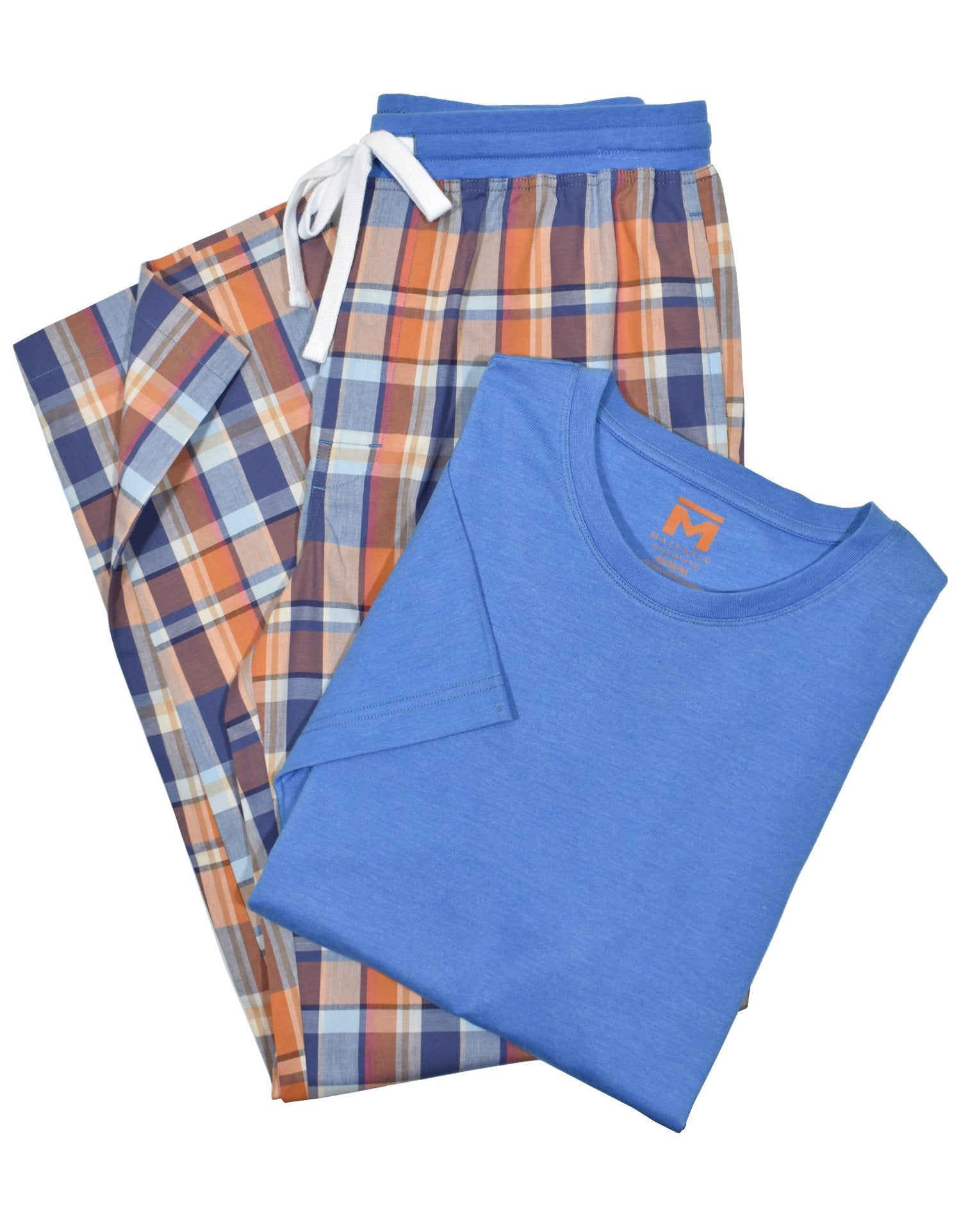 The Cavalier and Florida ZM21180 Leisure Set is perfect for Spring/Summer. Crafted from lightweight cotton, the drawstring pants feature a traditional plaid design in vibrant shades of orange and blue. Paired with a soft, royal blue Pima tee, this set offers both comfort and style. Perfect for relaxation and leisure time.