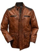 Marcello engineered cognac and chocolate leather coat.