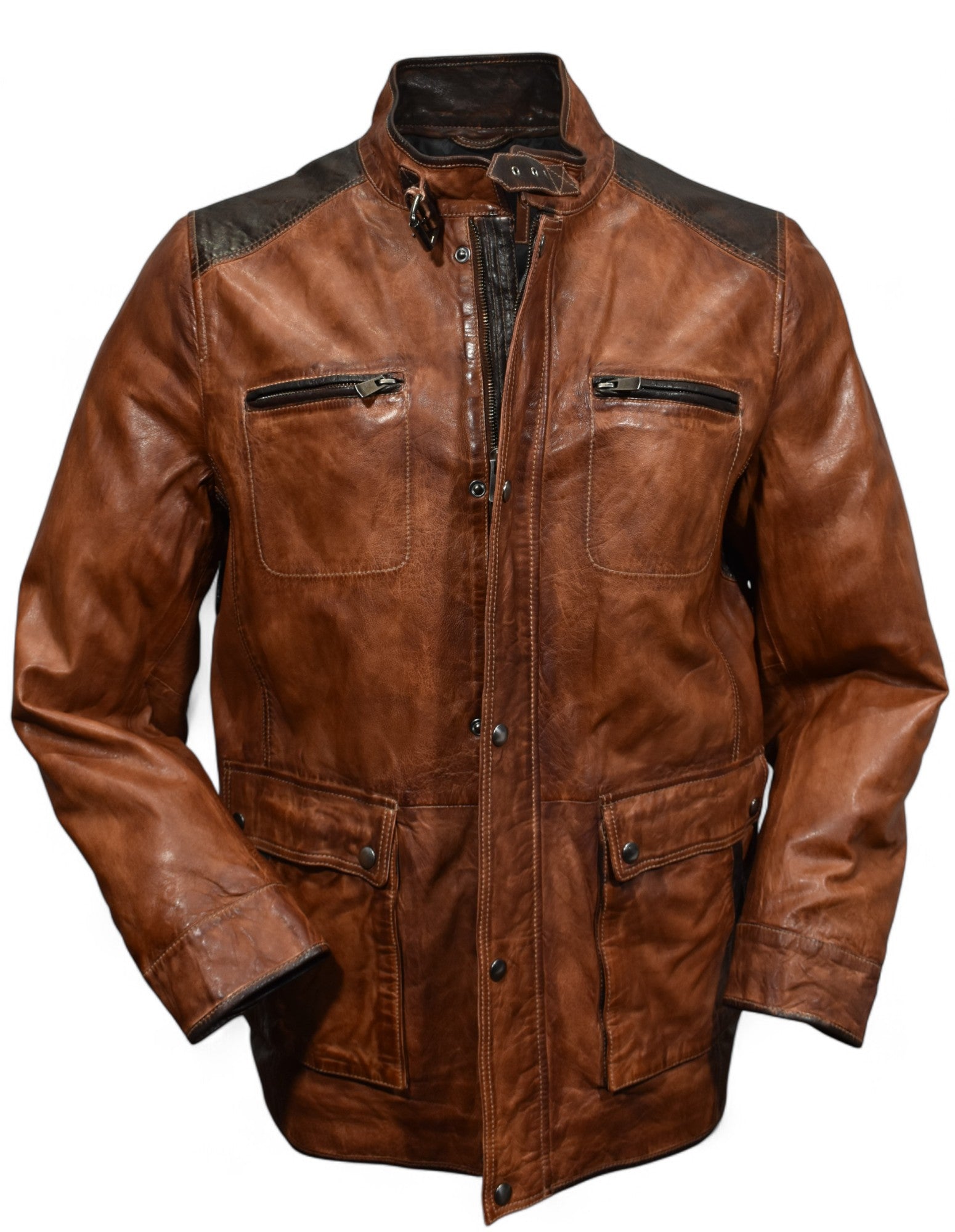 Marcello engineered cognac and chocolate leather coat.