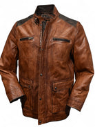Marcello engineered cognac and chocolate leather coat.
