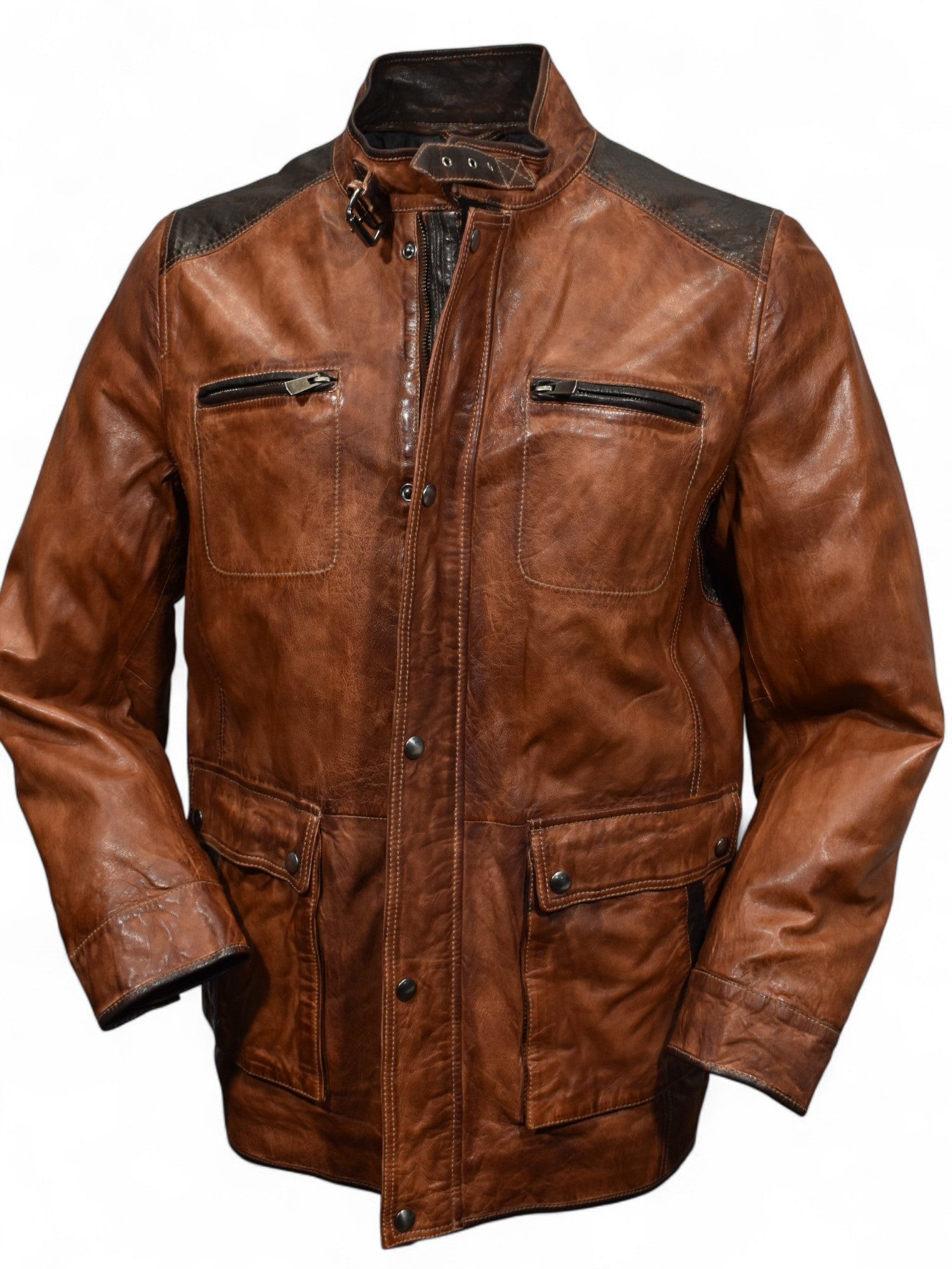 Marcello engineered cognac and chocolate leather coat.